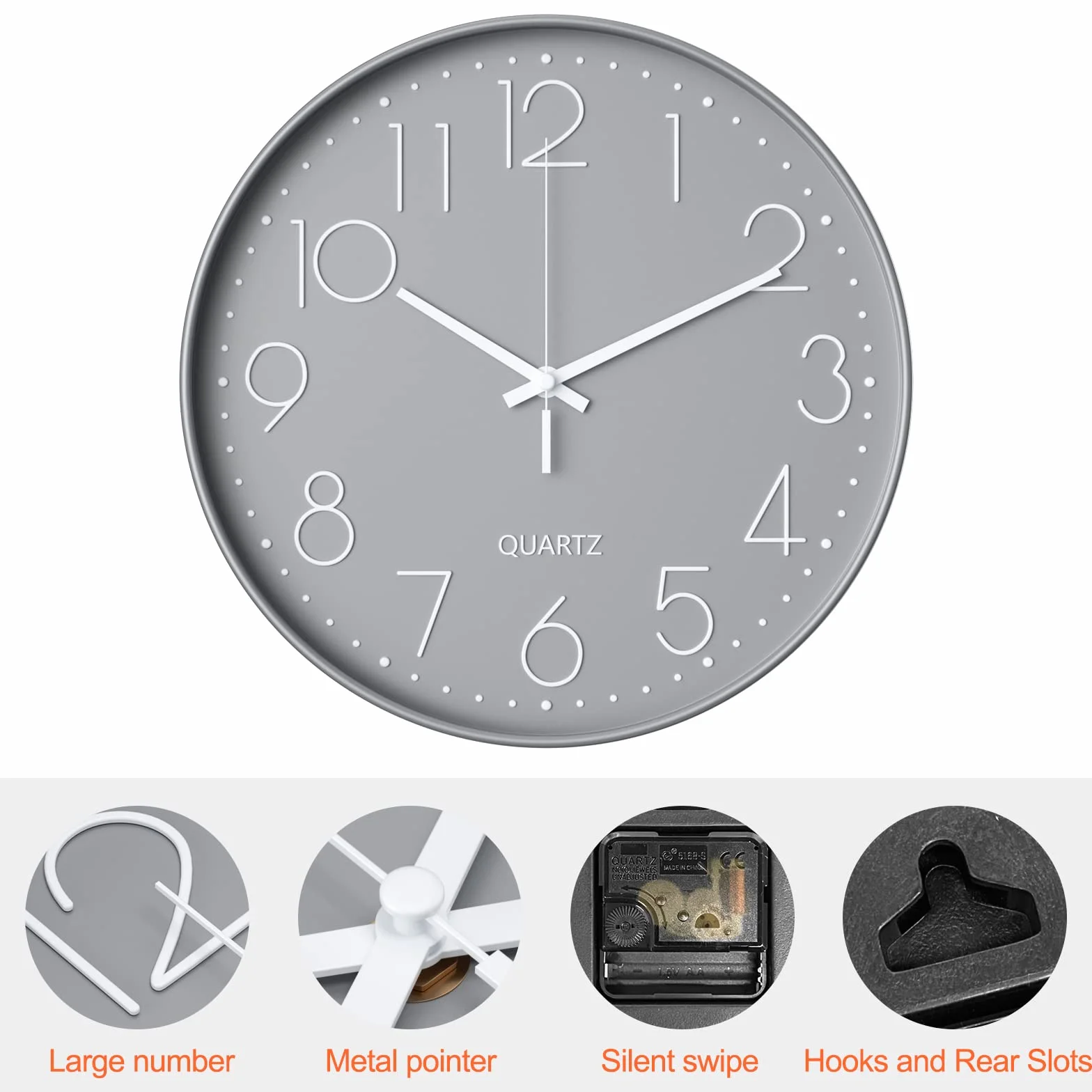 Uootach Zegar ścienny 30 cm (12 cali) nowoczesny cichy zegar ścienny, cichy mechanizm kwarcowy nowoczesny, minimalistyczny design, czarny, do salonu, kuchni, biura, sypialni(gray)