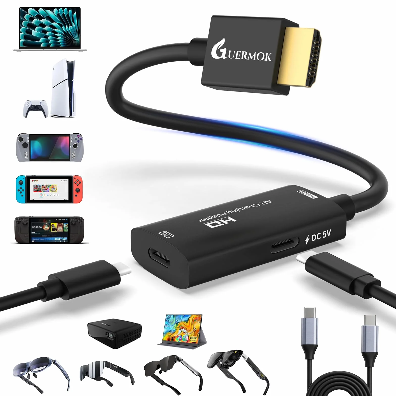Guermok adapter HDMI–USB-C do okularów AR, 4K@60Hz, ładowanie DC 5V – do XREAL One/Air 2 Pro, RayNeo, Rokid, Steam, Switch2/1, PS 5/4, monitorów przenośnych (czarny)
