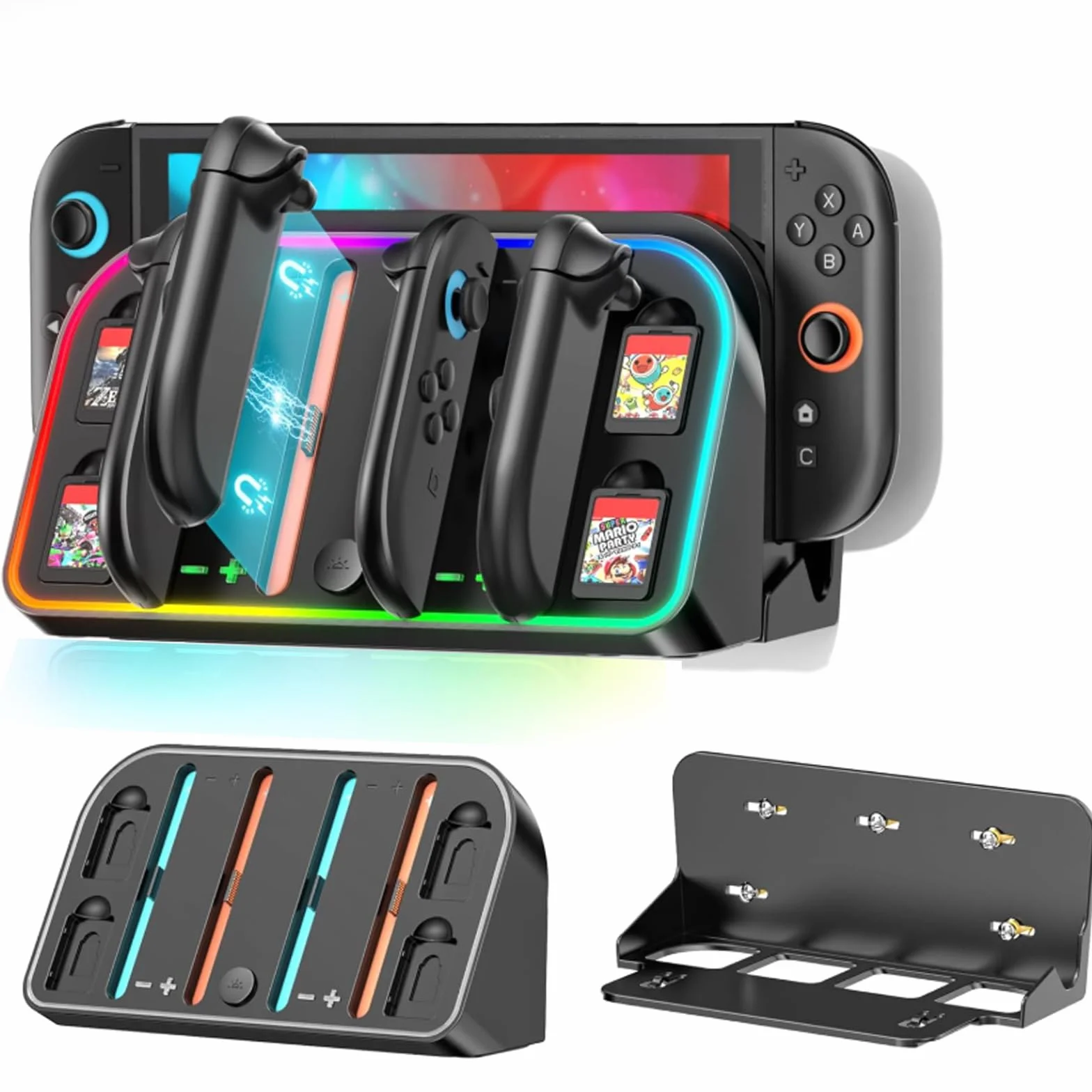 Stacja ładująca do Nintendo Switch 2 Joy Con (2025), szybka ładowarka SW2 Joy-Con magnetyczna stacja ładująca z 7 trybami światła i gniazdami na karty do gier, biurko/ścienna stacja ładująca