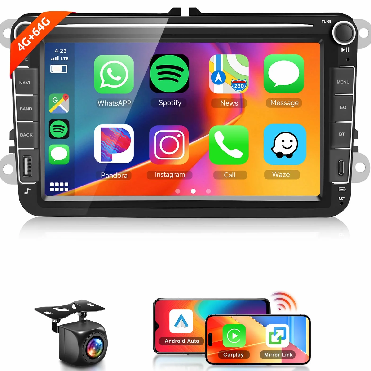 Radio samochodowe Hodozzy Carplay do VW Passat Golf Seat Altea Skoda Octavia z USB/USB C/nawigacją, 8 cali VW radio samochodowe Bluetooth z systemem Android Auto/Mirror Link/32 EQ/FM/RDS/SWC/WiFi +