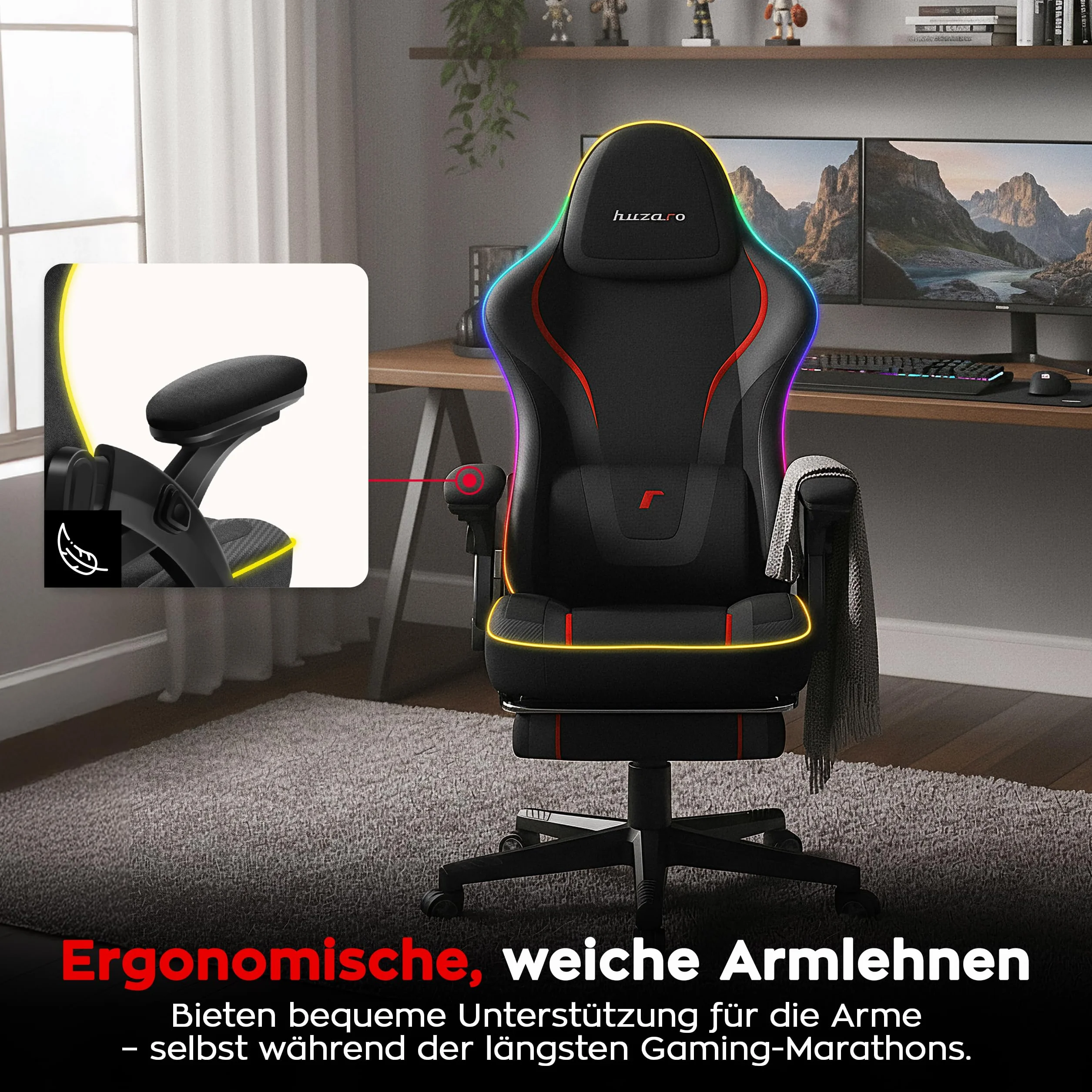 huzaro Force 4.6 RGB Black Mesh krzesło gamingowe LED, ergonomiczne, synchronizacja muzyki, podnóżek, funkcja przechylania, regulowany zagłówek, obciążenie 130 kg, materiał, kolor czarny