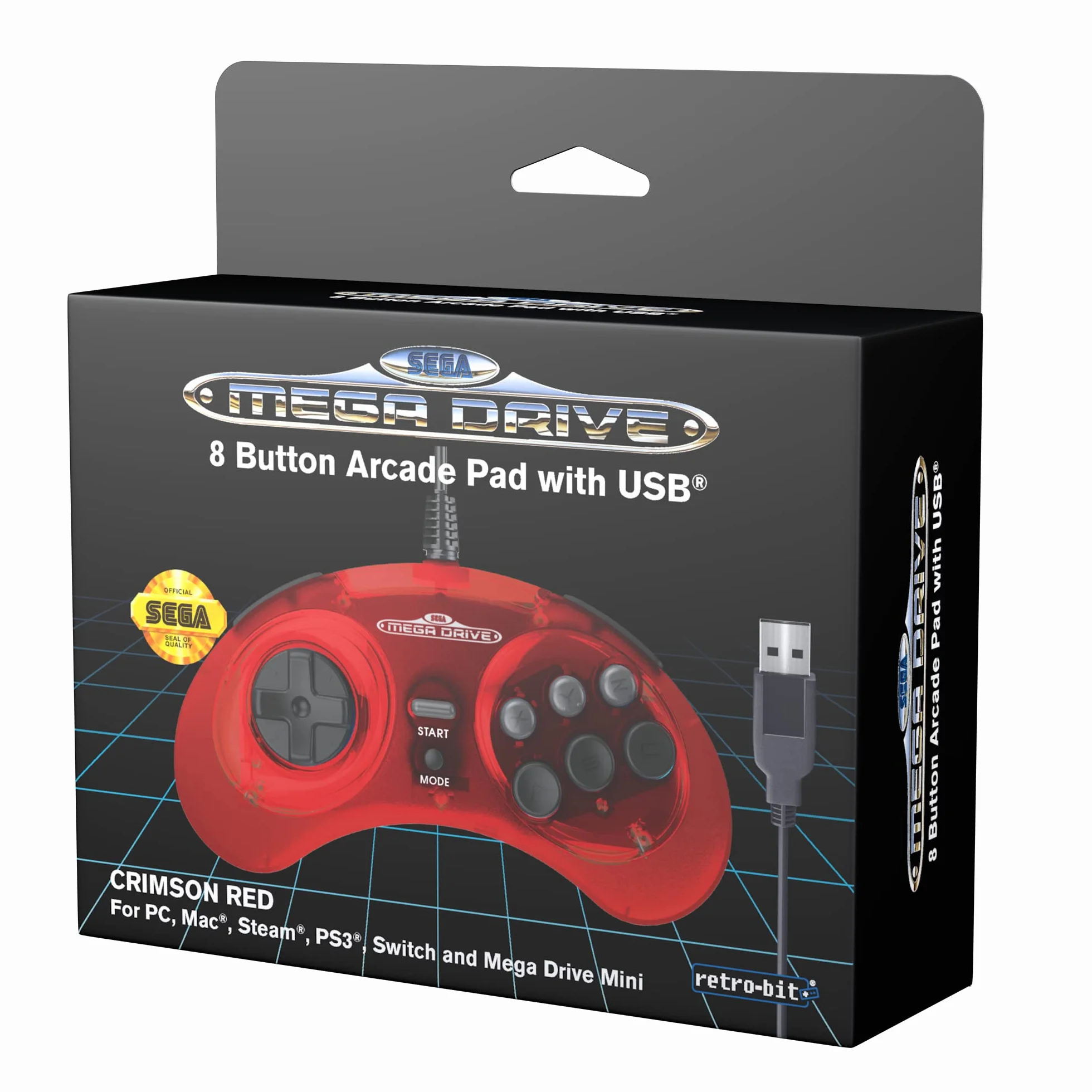 Retro-Bit Official Sega Mega Drive USB Controller 8-Button Arcade Pad for Sega Genesis Mini, Switch, PC, Mac, Steam, RetroPie, Raspberry Pi - USB Port (Crimson Red) - - Nintendo Switch