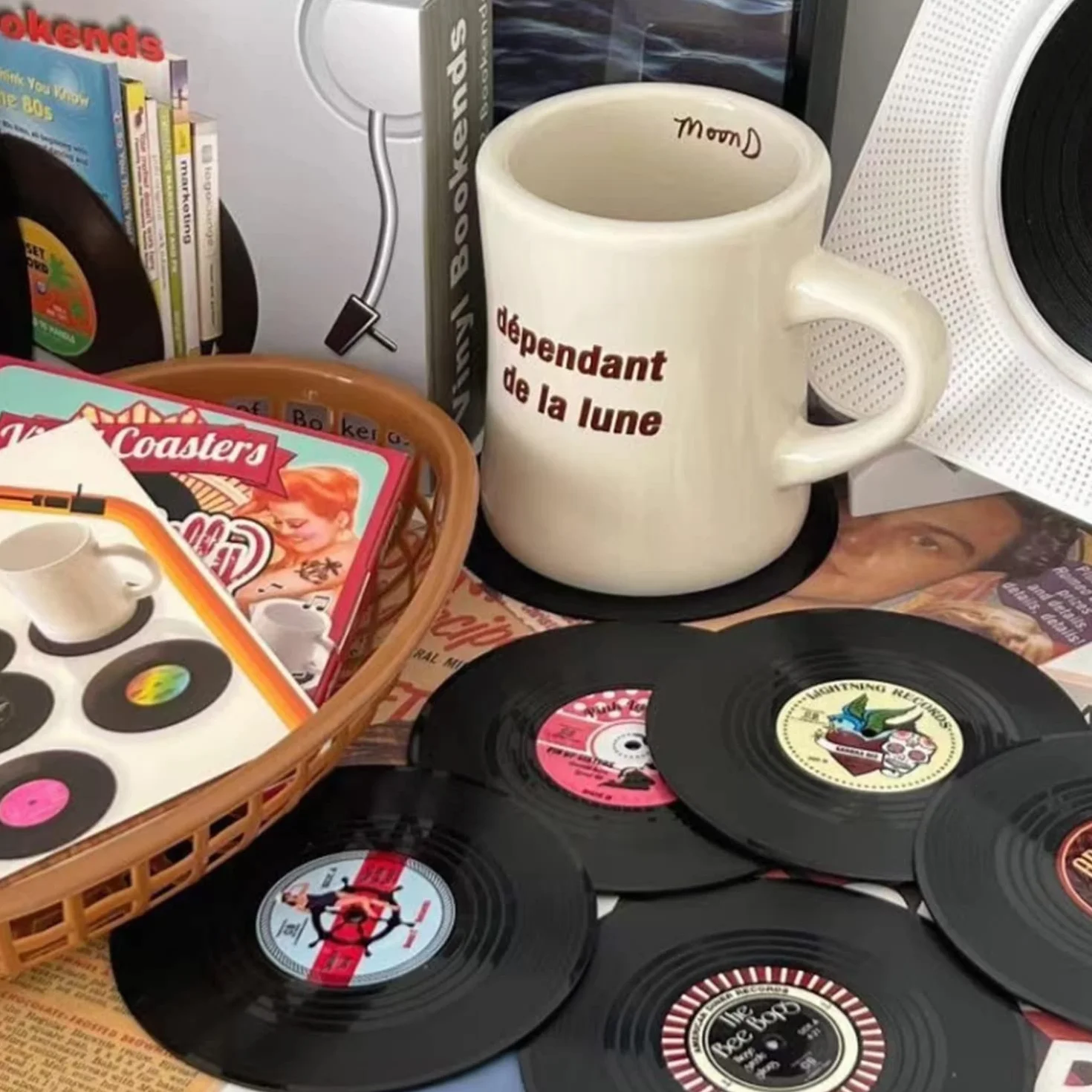 6 szt. retro podstawek w stylu płyt winylowych, podstawki w stylu płyt CD, antycieplne antypoślizgowe podstawki pod napoje do kawy i napojów, zastawa stołowa, antypoślizgowe podstawki