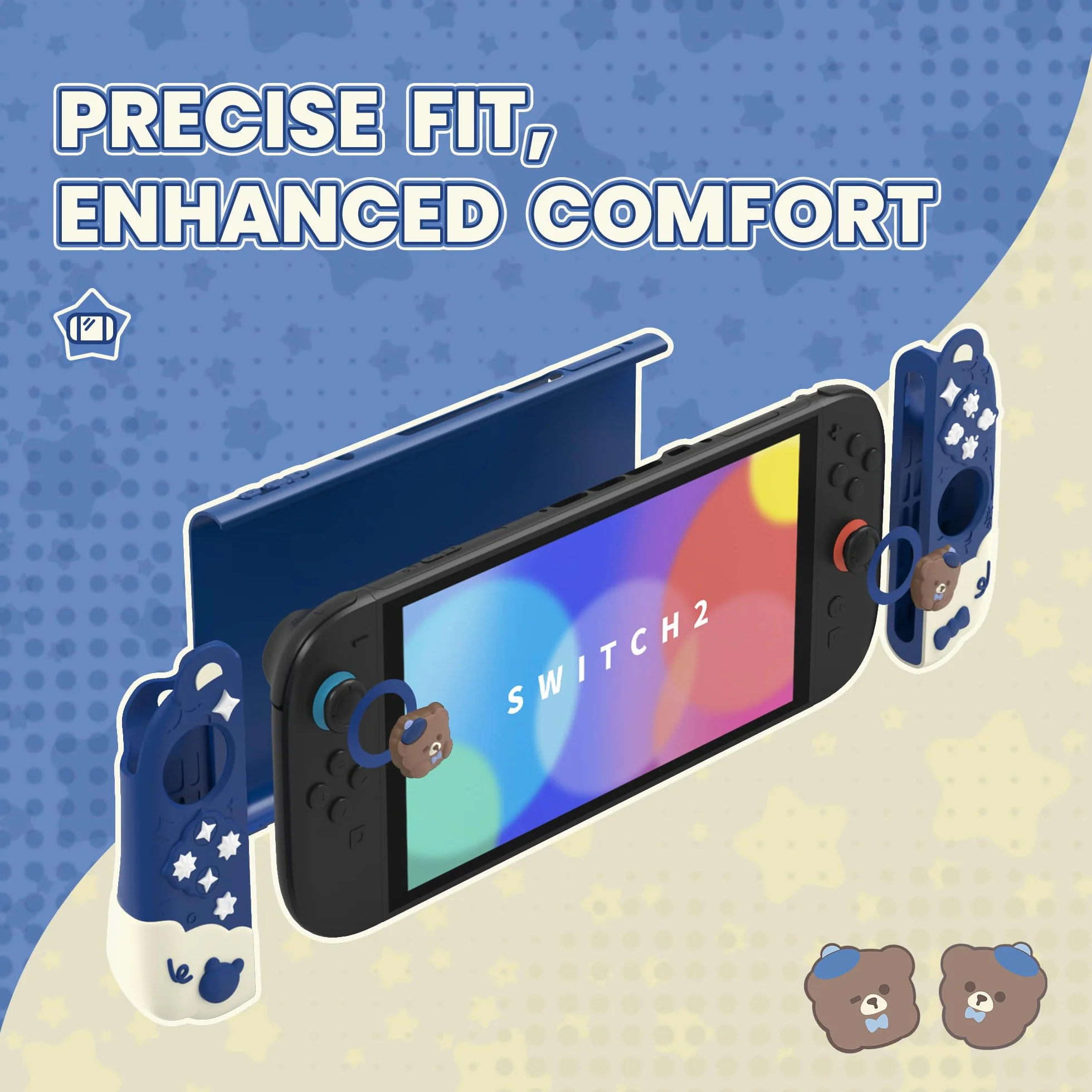 PlayVital Etui na Konsolę do Switch 2 z Silikonowymi Uchwytami Joycon do Switch 2 i Nakładkami Joysticki,Dockowalny Pokrowiec Ochronny–Niebieski,Styl Miś