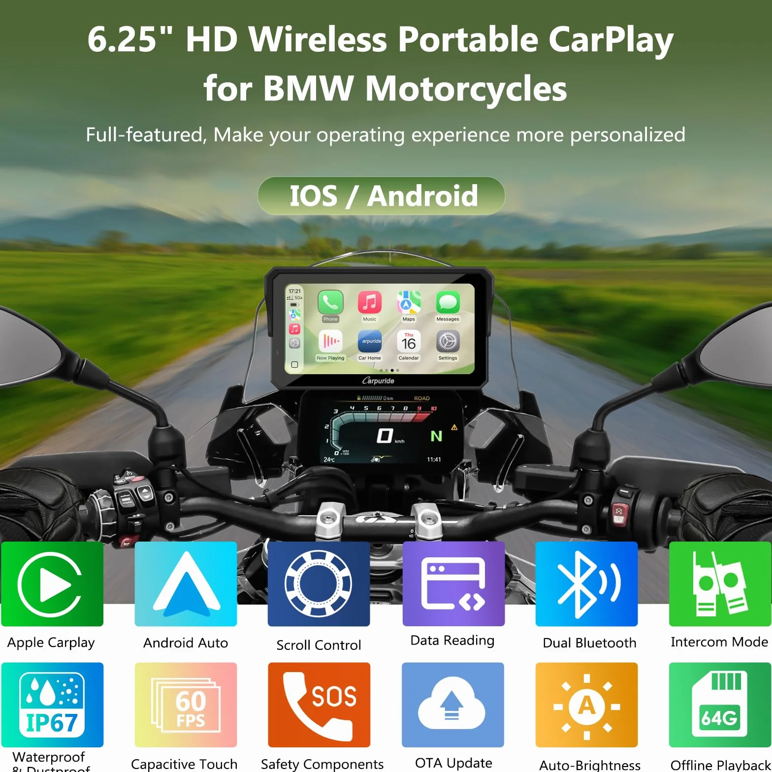 Carpuride W602BS Pro CarPlay Ekran do BMW Motocykli, Natywna Kontrola Koła Wonder & Odczyt Danych, 6,25" Wodoodporny Ekran Dotykowy, CarPlay & Android Auto, OTA, Podwójny Bluetooth, Interkom, Nawi.