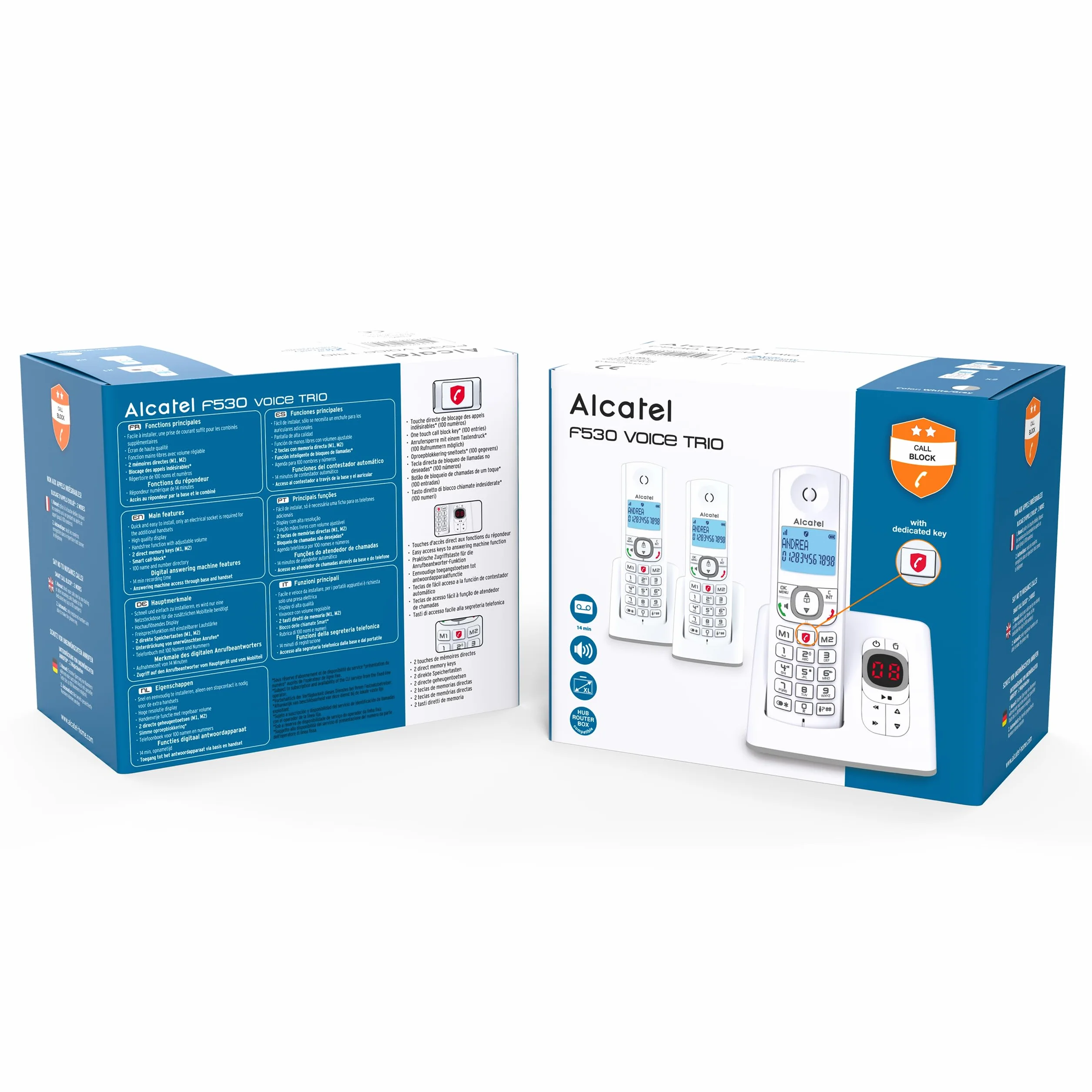 Alcatel F530 Voice Trio, telefon bezprzewodowy z automatyczną sekretarką i 3 słuchawkami, blokowanie połączeń i funkcją głośnomówiącą biały/szary
