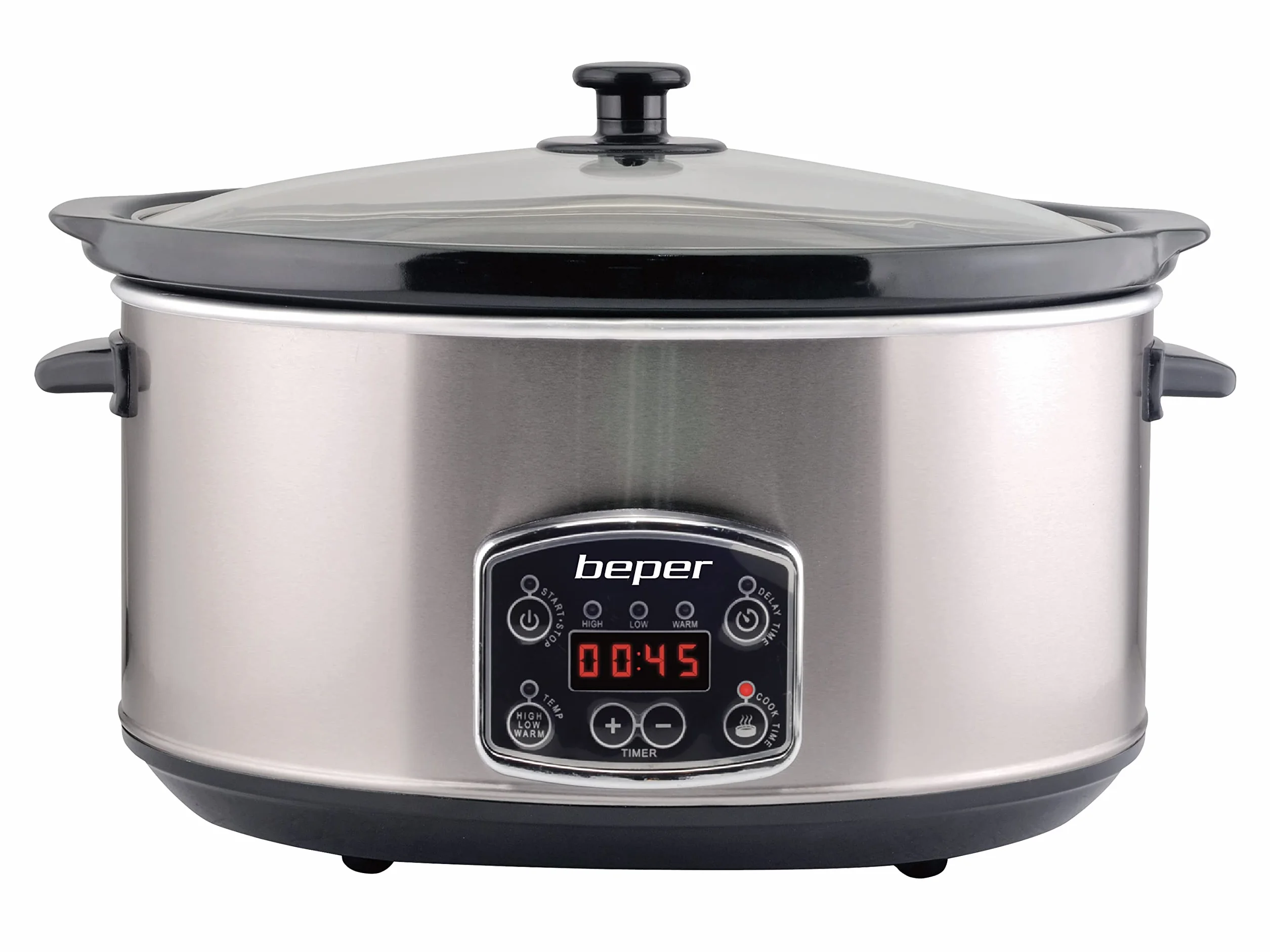 BEPER BC.510 Slow Cooker, 280 W, 4,5 litra, ceramika szklana, czarna i stal, Nero E Acciaio