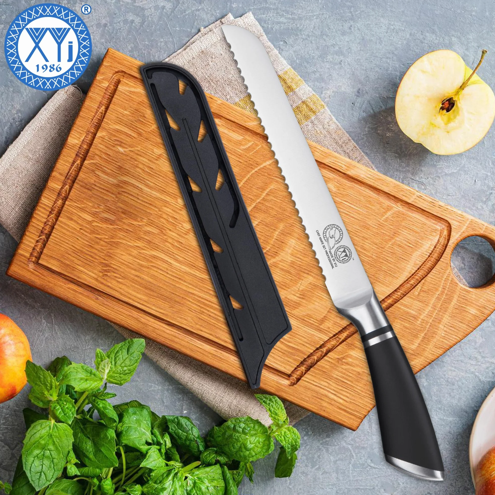 XYJ Authentic Since 1986, Serrated 8 Inch Stainless Steel Ultra Sharp Bread Knife, Ergonomic Handle, Kitchen Knife with Sheath