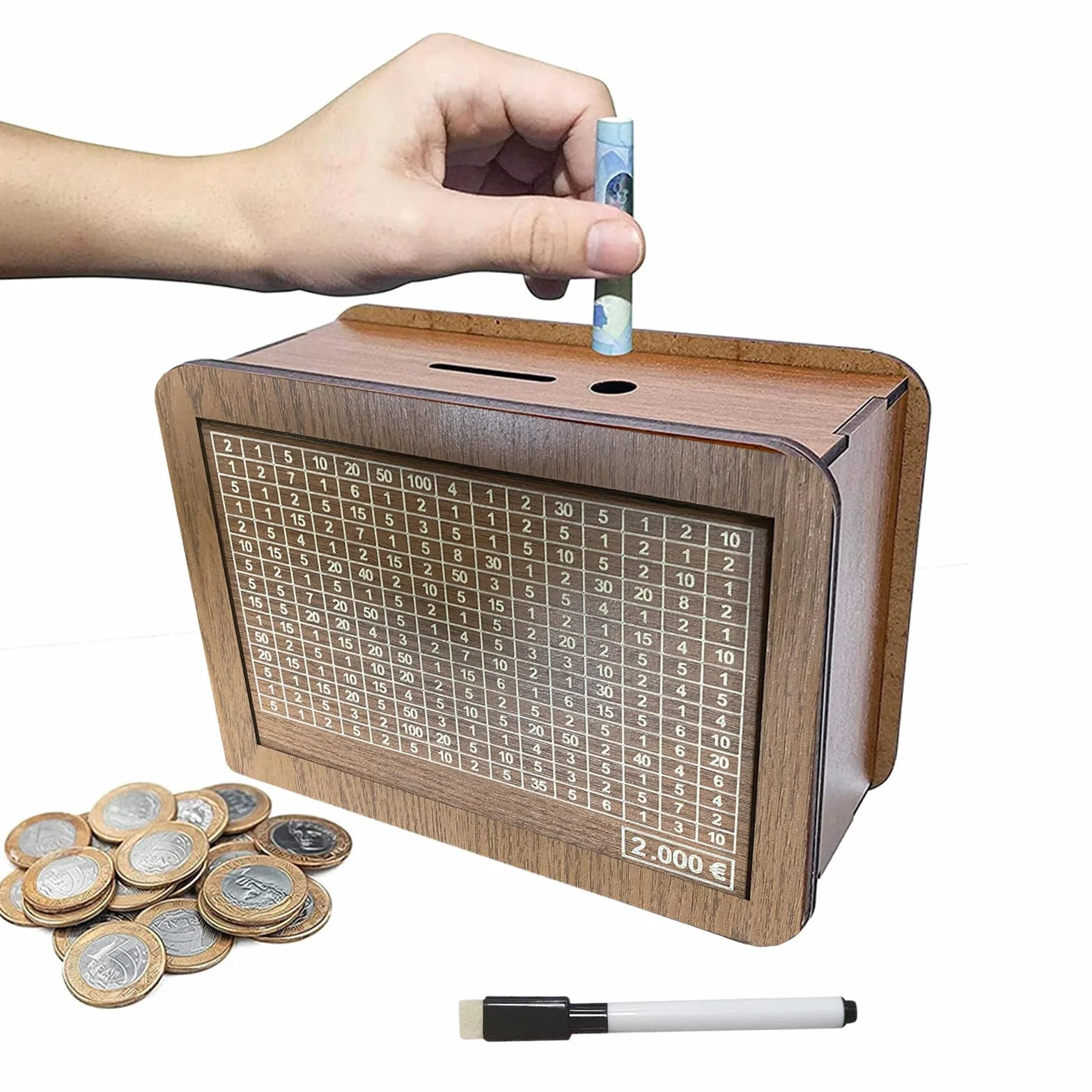 Sparbox wielokrotnego użytku, drewniana skarbonka retro skarbonka pudełko do przechowywania pomaga rozwinąć nawyk oszczędzania, 2000 € brązowy