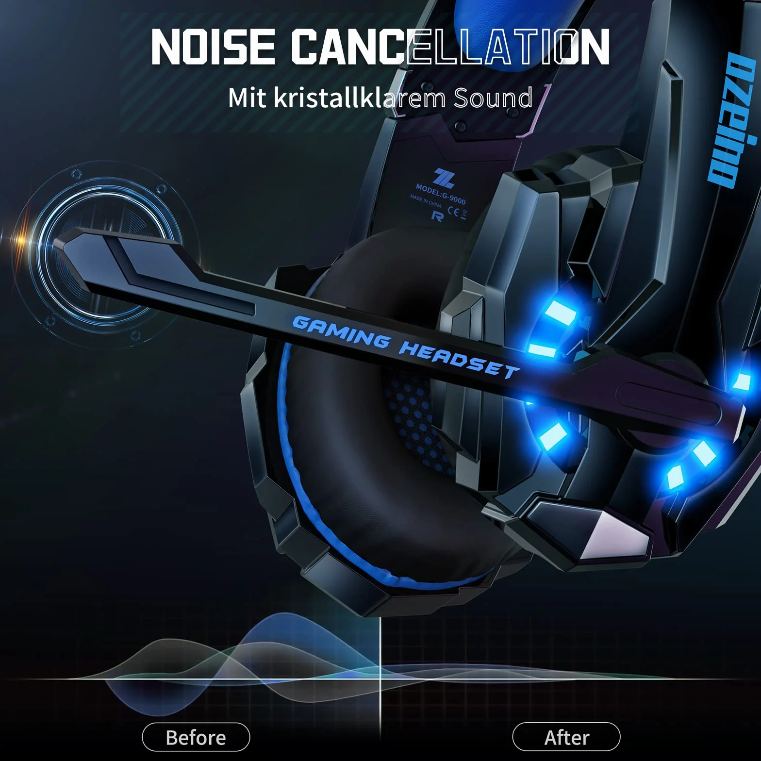 Ozeino Zestaw słuchawkowy gamingowy do PS4 PS5 3D Surround Sound Noise Cancelling, słuchawki z mikrofonem do PC Xbox One Switch z oświetleniem LED
