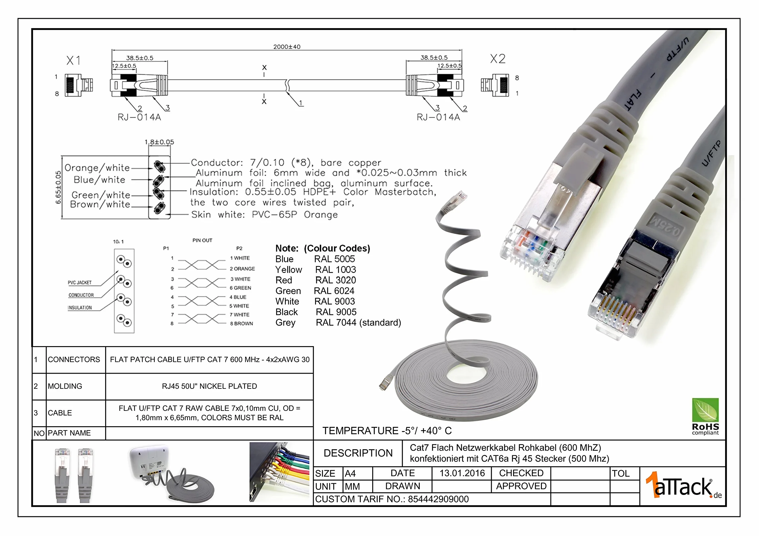 1aTTack.de 10 m - czarny - 1 sztuka CAT.7 Gigabit Ethernet LAN płaski kabel taśmowy (RJ45) kabel sieciowy kabel surowy (10 Gbit/s) kabel do układania płaski Slim kompatybilny z Cat.5 - Cat.5e - Cat.6