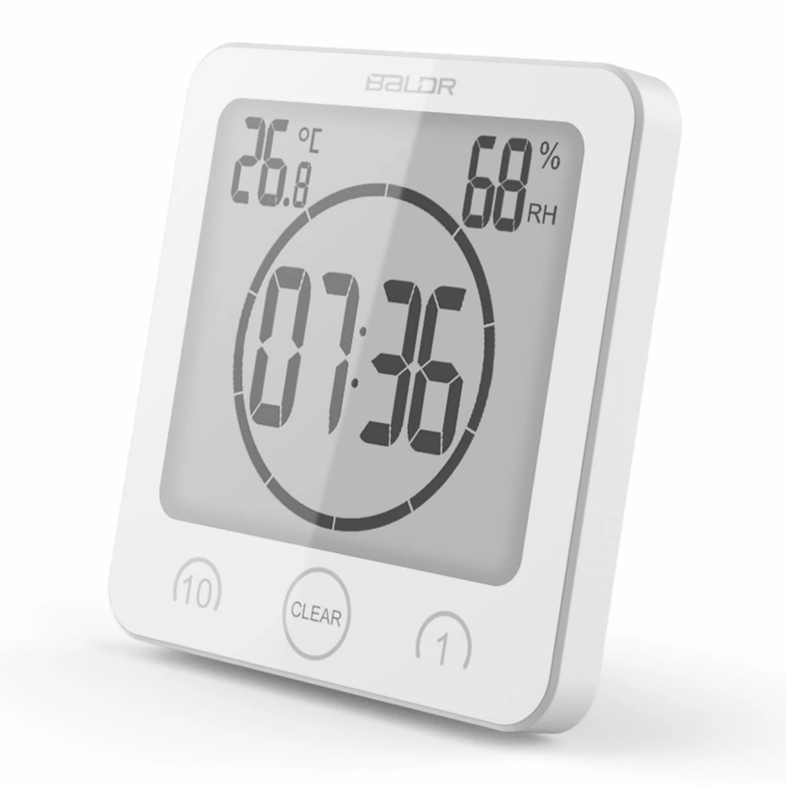 Cyfrowy zegar prysznicowy z budzikiem, wodoodporny timer łazienkowy, duży wyświetlacz LCD (czas/temperatura/wilgotność), 3 opcje montażu, do łazienki, kuchni, stacji do makijażu (biały)