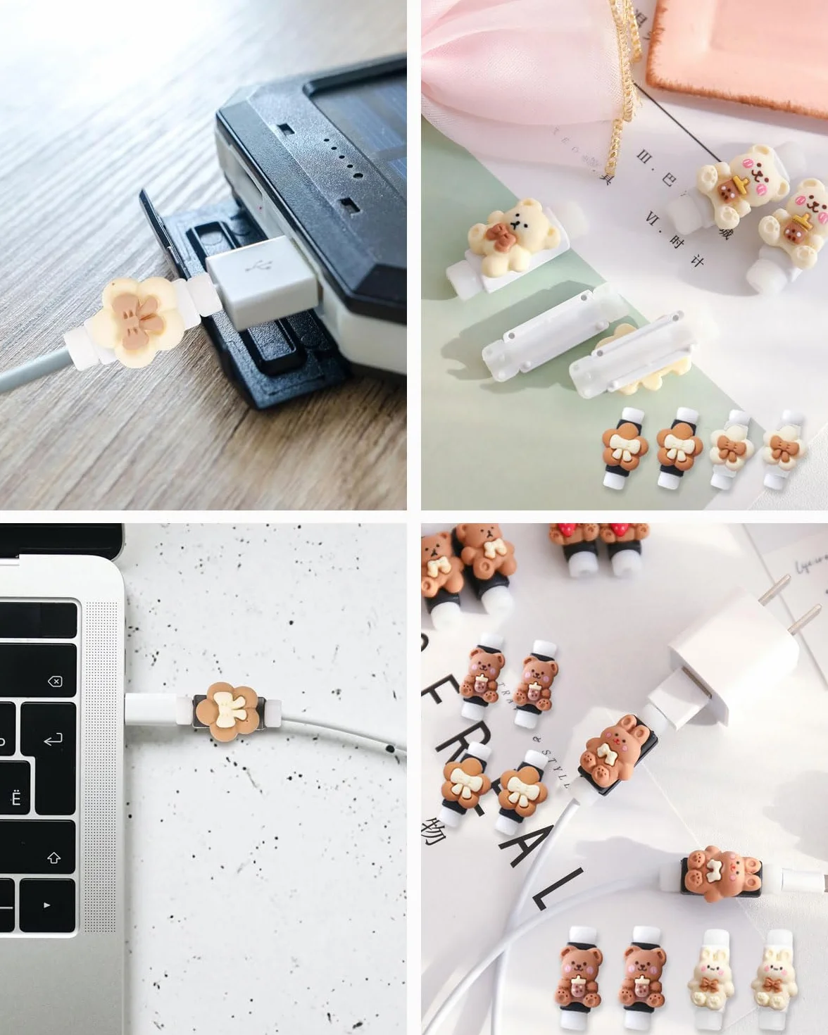 8 osłonek na kable do ładowania, etui na kabel do telefonu komórkowego, wzór misia i kwiatów, osłona kabla USB do ładowania USB, do większości linii danych do telefonów komórkowych