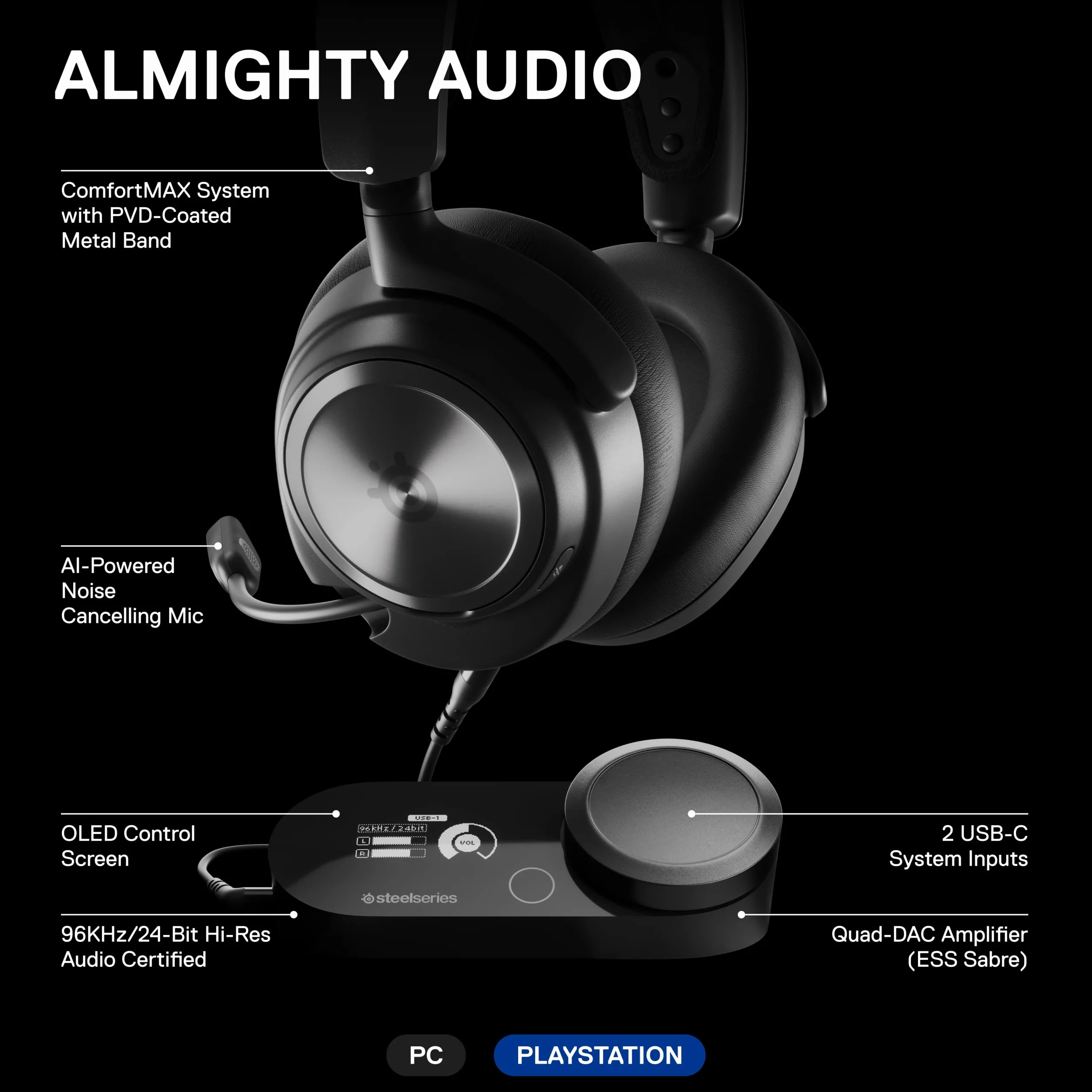 SteelSeries Arctis Nova Pro wielosystemowy zestaw słuchawkowy do gier, GameDAC Gen 2, ESS Sabre Quad-DAC, dźwięk przestrzenny 360°