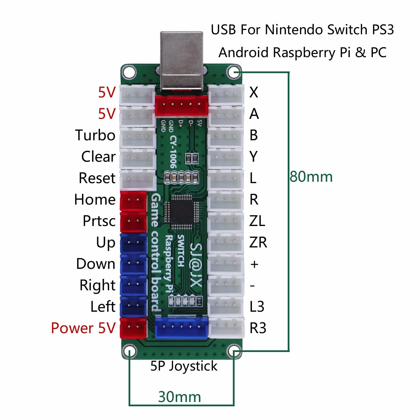 SJ@JX Gra zręcznościowa LED, kontroler, lampa, koder USB, 2 gracze, gamepad, mikroprzełącznik, przycisk światła, 8-drożny joystick LED, do Nintendo Switch PC PS3, Retrop, Raspberry Pi MAME