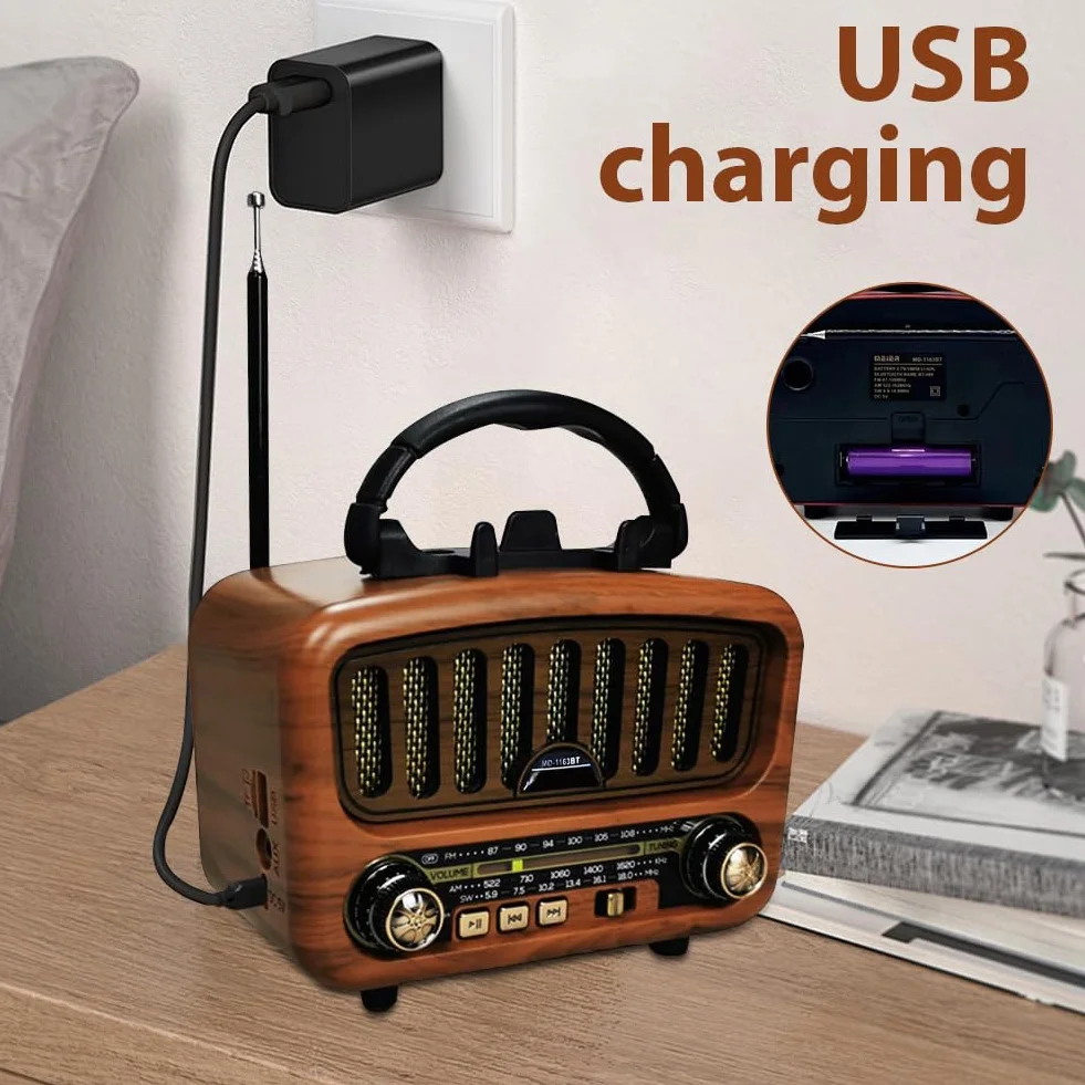 Radio retro z Bluetooth 5.0, AM/FM/SW retro, nostalgiczne małe radio walizkowe, radio kuchenne z dużym głośnikiem 5 W, obsługuje funkcję USB/TF/TWS, proste radio dla seniorów (brązowe)
