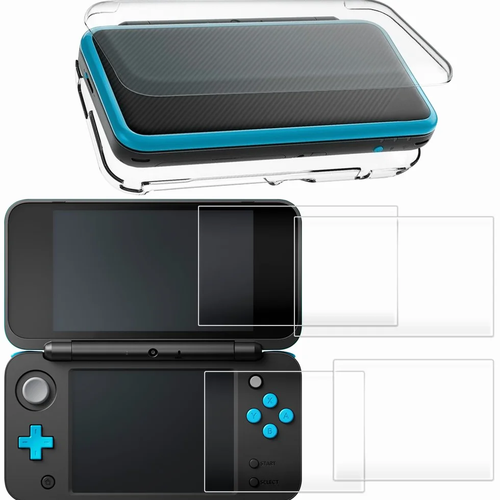 AFUNTA Twarde etui na nowe 2DS XL z 2 opakowaniami ochraniaczy ekranu, przezroczyste etui odporne na zarysowania, z 4 foliami ochronnymi ze szkła hartowanego do ekranu górnego i dolnego
