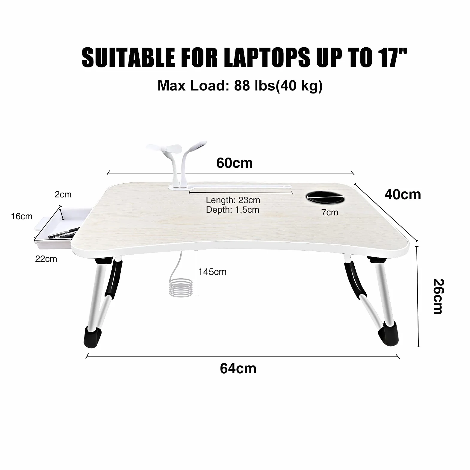 Stolik pod laptopa, składany stolik do notebooka z 4 portami ładowania USB, szufladą, stojakiem na tablet, szczeliną na filiżanki, na łóżko, sofę, podłogę (60 x 40 cm, Biały)