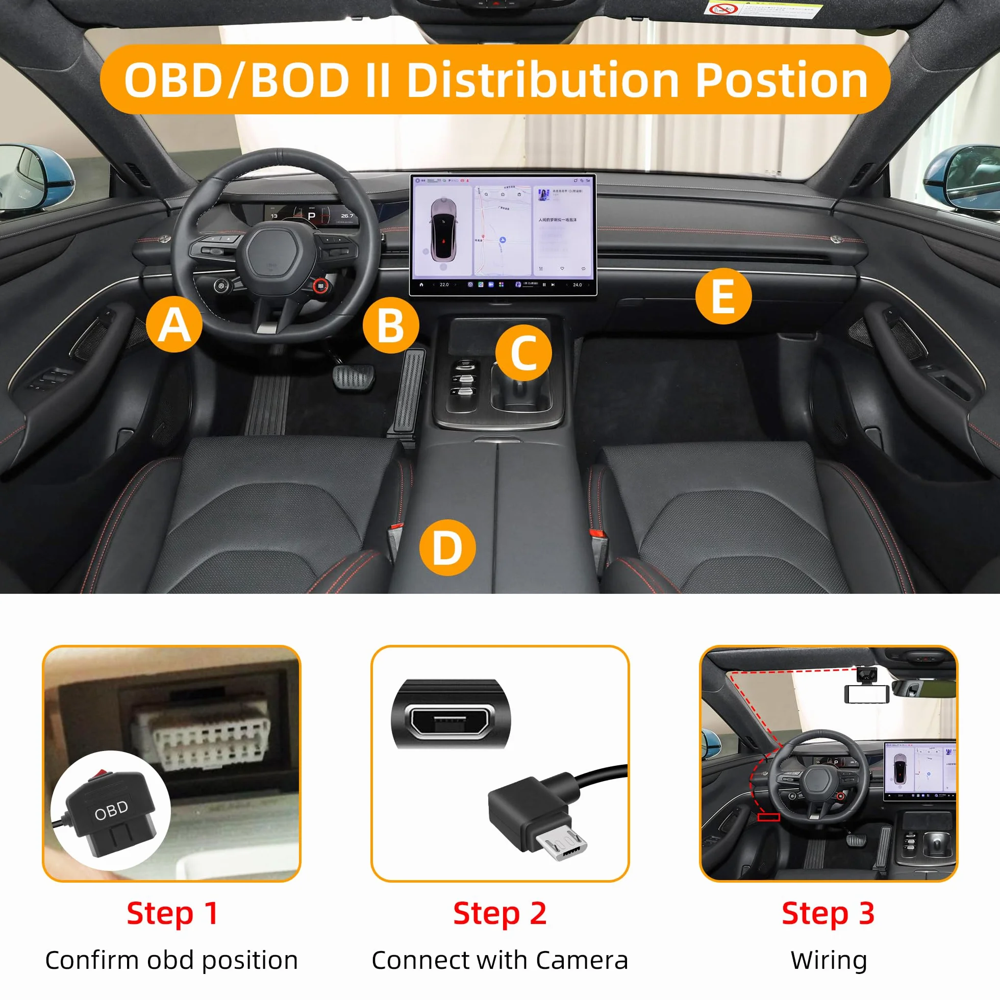 GELRHONR Kabel zasilający OBD USB C do pojazdów elektronicznych, kamery na deskę rozdzielczą, 12-24 V OBD2, zestaw Hardwire z przyciskiem przełącznika, 24-godzinny nadzór i tryb Acc 2