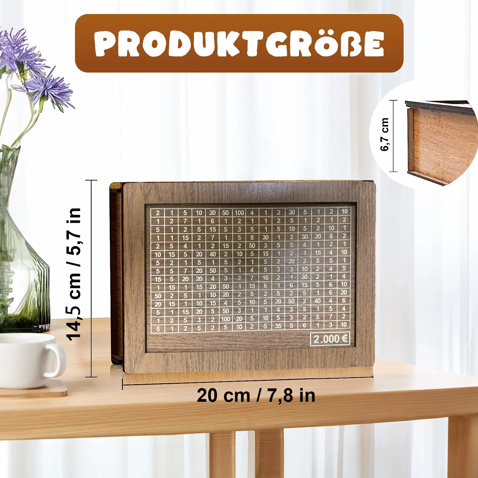 Sparbox wielokrotnego użytku, drewniana skarbonka retro skarbonka pudełko do przechowywania pomaga rozwinąć nawyk oszczędzania, 2000 € brązowy