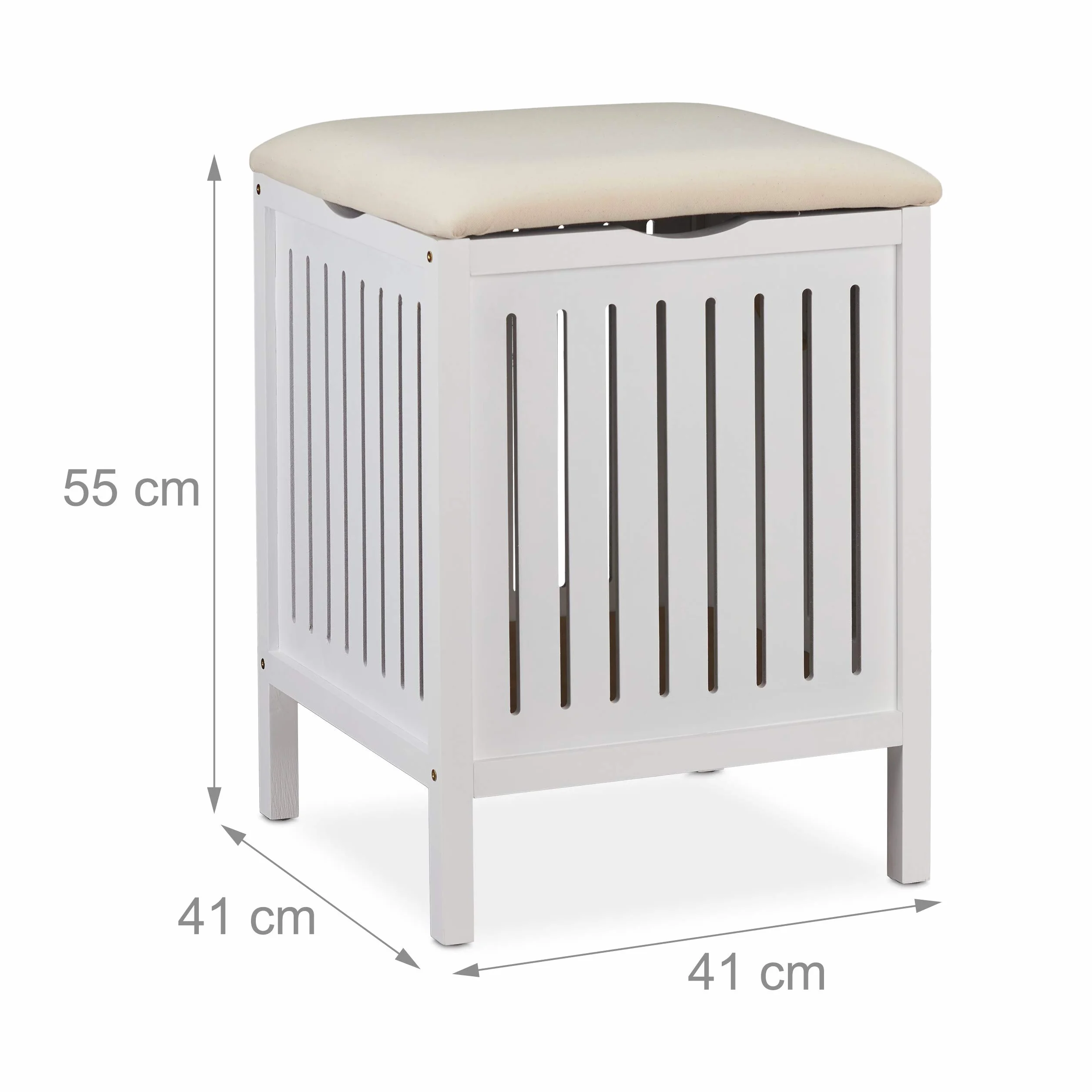 Relaxdays Kosz na pranie z siedziskiem, styl wiejski, 40 l, drewno i tkanina, taboret łazienkowy wys. x szer. x gł.: 55 x 41 x 41 cm, biały