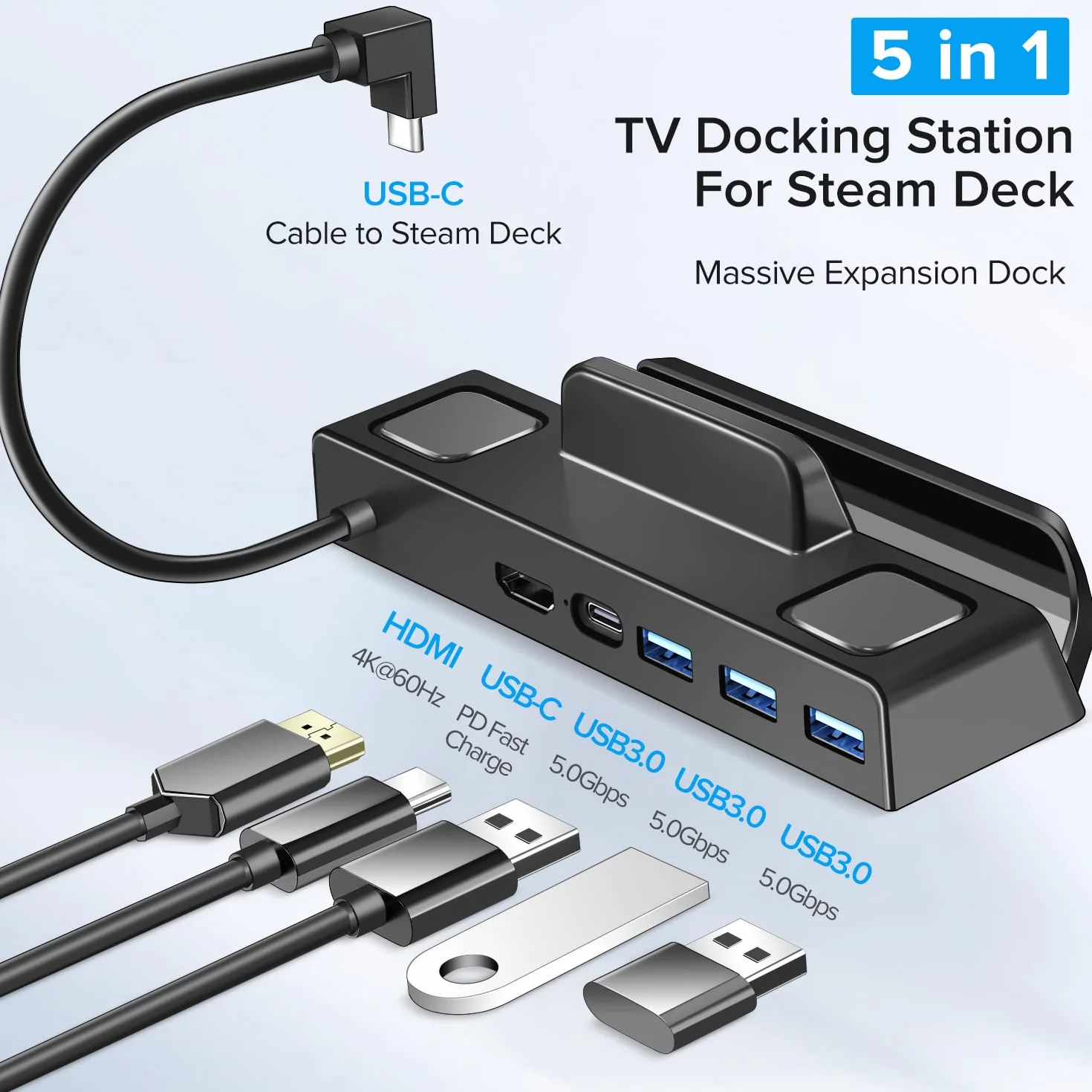 ivoler Stacja dokująca 5 w 1, koncentrator USB-C z HDMI 2.0 4K przy 60 Hz, potrójny port USB 3.0 i port USB-C z pełną prędkością, stacja dokująca zaprojektowana dla Valve Steam Deck, kompatybilna z