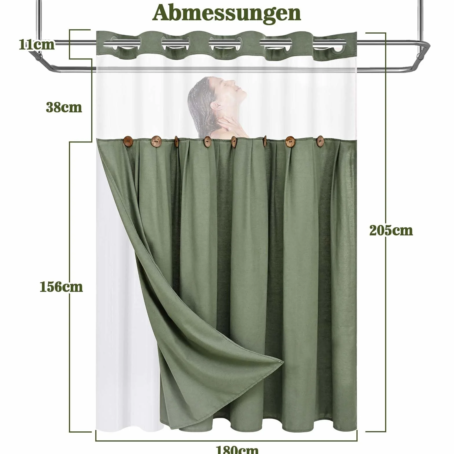 Alishomtll Zasłona prysznicowa 180 x 205 cm, zielona, ochrona przed pleśnią, tekstylna zasłona łazienkowa, nadaje się do prania, dwuwarstwowa zasłona prysznicowa z podszewką na zatrzask i