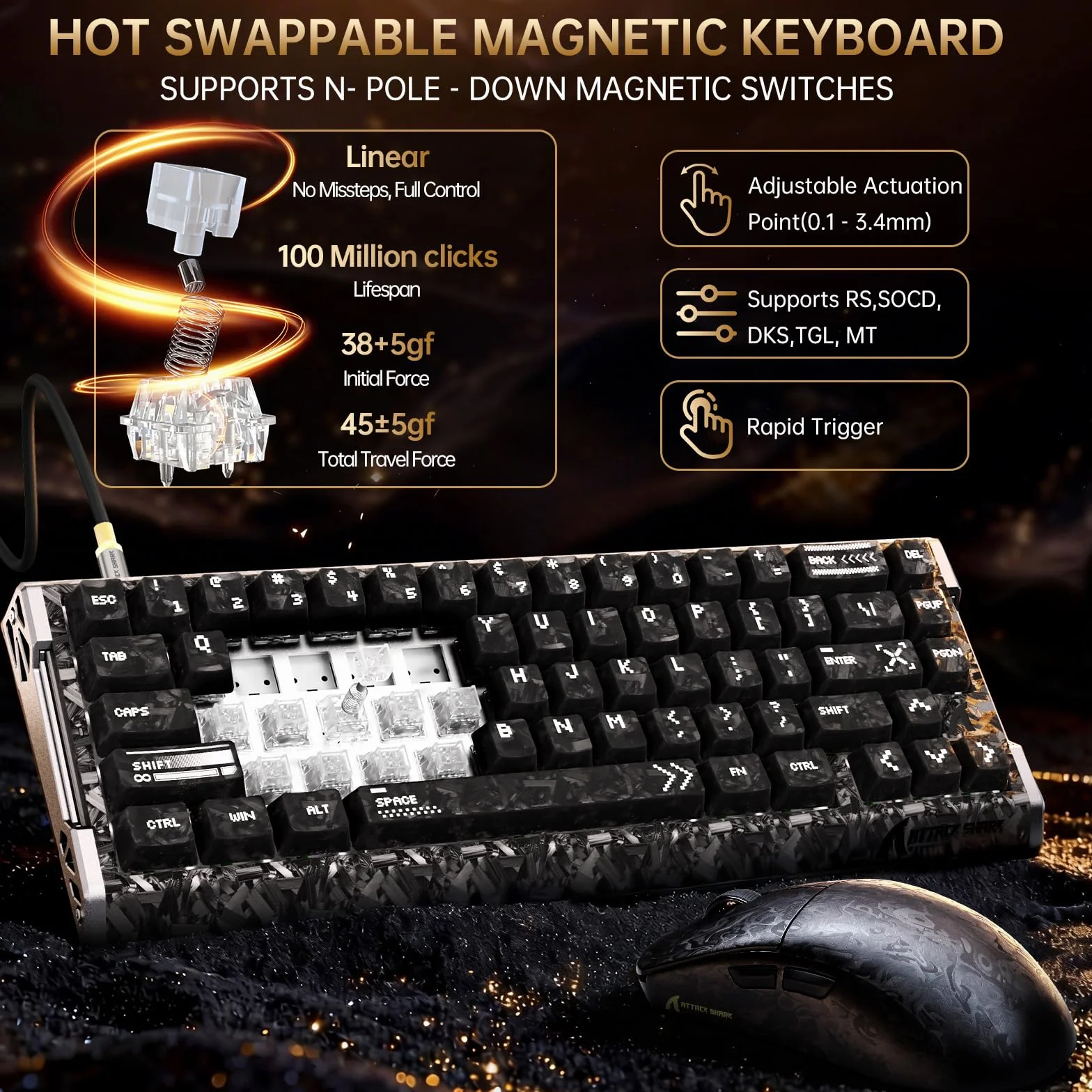 ATTACK SHARK R68 HE Zestawy Składające Się z Przewodowej Klawiatury Magnetycznej i Bezprzewodowej Myszy Gamingowej R11 ULTRA z Włókna Węglowego, 8000Hz Rapid Trigger, Mysz 49g, 42000DPI, Ink Shade