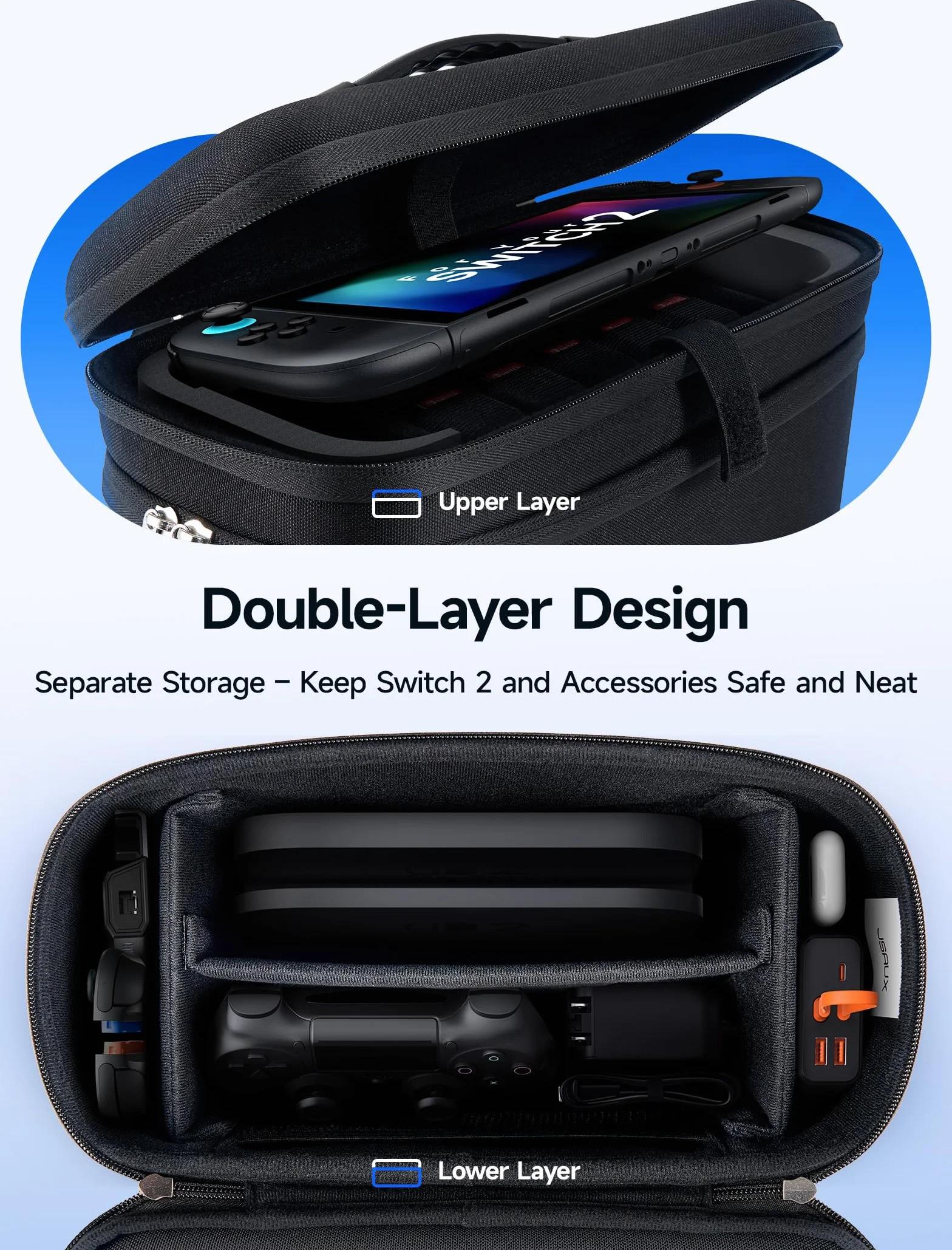 JSAUX Etui All-in-One kompatybilny z Nintendo Switch 2, przenośne etui na konsolę, stację dokującą, kontrolery i akcesoria, powłoka ochronna Kompatybilne, duża pojemność – czarne