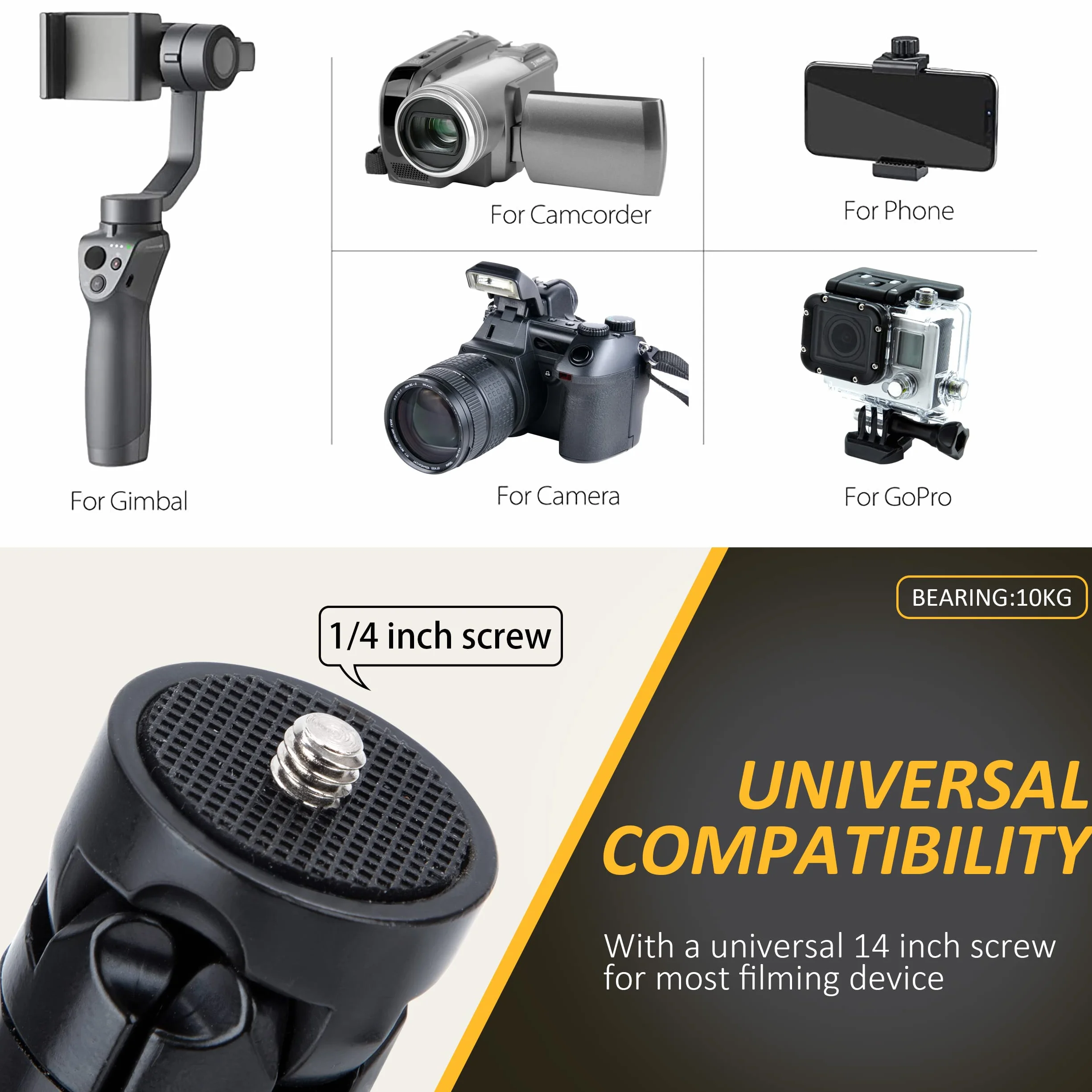 QIMEI-SHOP Mini Tripod statyw do aparatu fotograficznego ze stopu aluminium ze śrubą 1/4 cala do GoPro smartfona, kamera internetowej, cyfrowej, gimbal, czarny