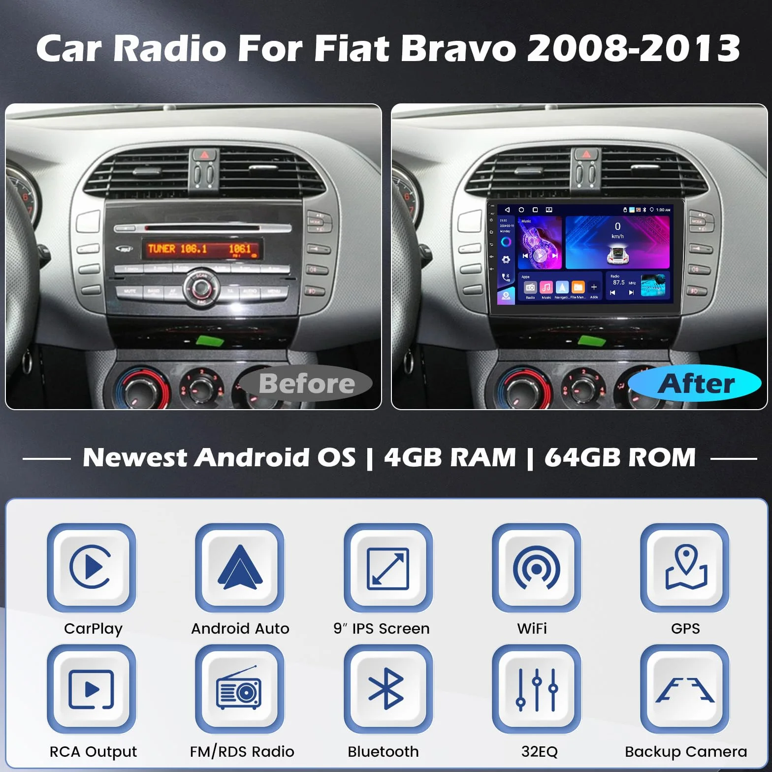 Radio samochodowe Fiat Bravo 2008 2009 2010 2011 2012 2013 Radio samochodowe Fiat Bravo z systemem Android Radio samochodowe Fiat Bravo z systemem Carplay Radio samochodowe Fiat Bravo z systemem Andro