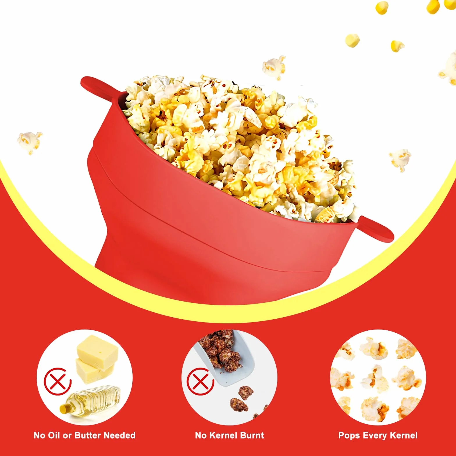 Silikonowa składana miska do popcornu z pokrywką i uchwytem, do mikrofalówki, czerwona