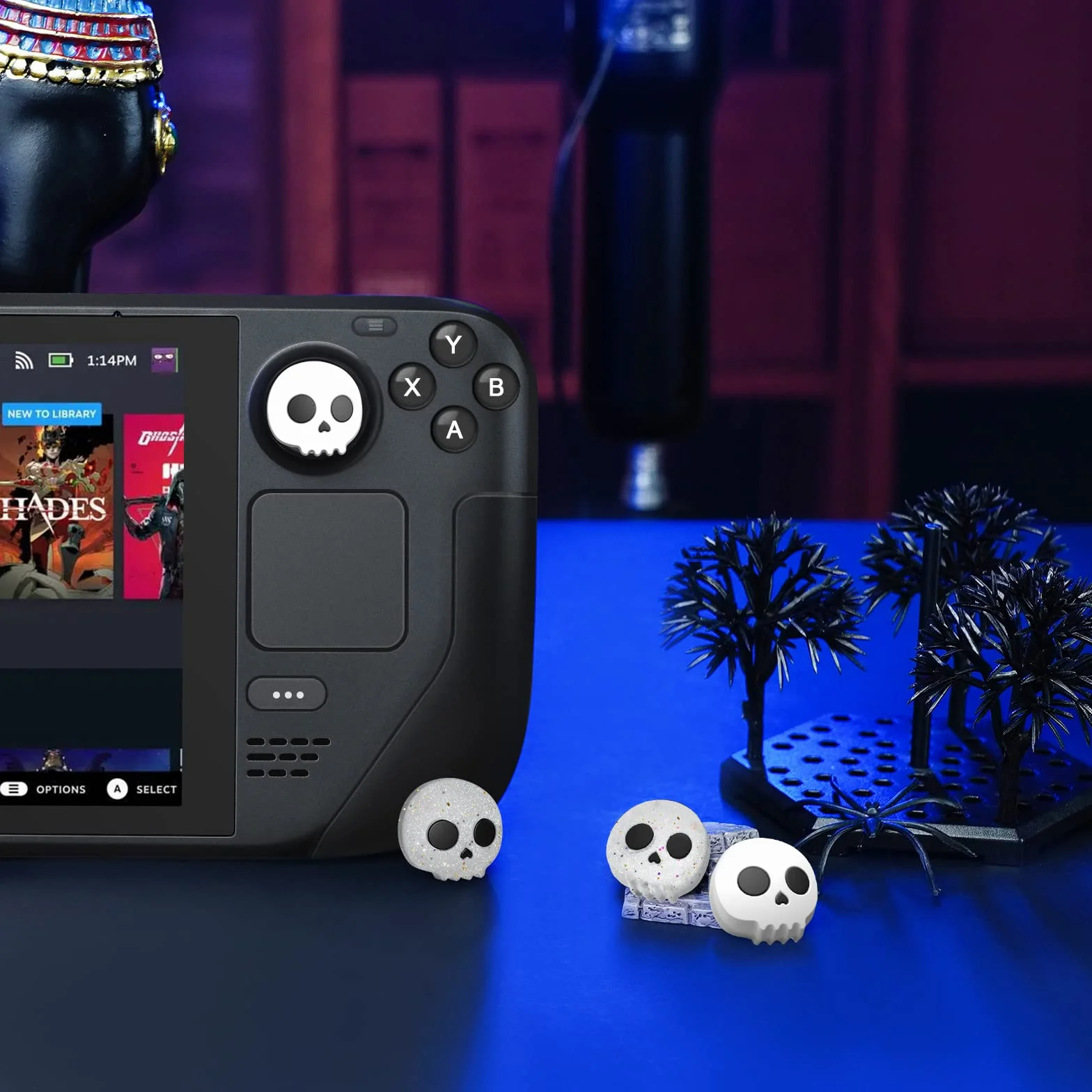 JINGDU Nakładki do Steam Deck – Thumbsticks Grips Caps, nakładki ochronne akcesoria analogowe joystick nakładki na deskę parową – miękki silikon, 4-częściowy zestaw, czaszka