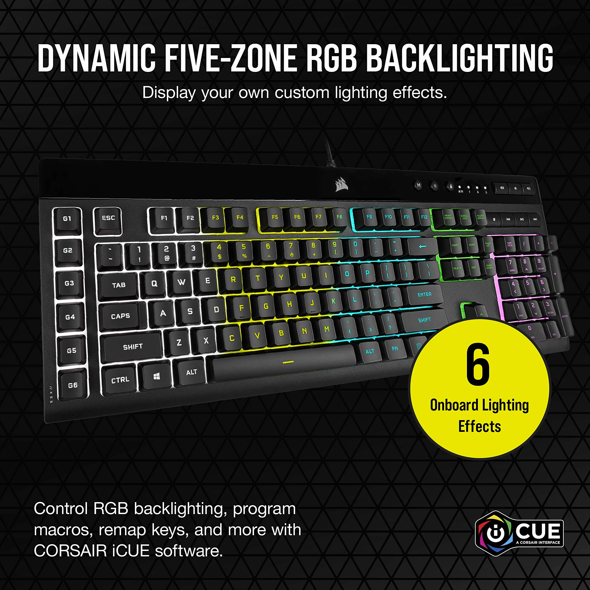 CORSAIR K55 RGB PRO przewodowa klawiatura do gier, IP42, odporna na kurz i zalanie, 6 klawiszy makro z integracją Elgato, kompatybilna z iCUE, QWERTY UK, PC, Mac, Xbox, czarna