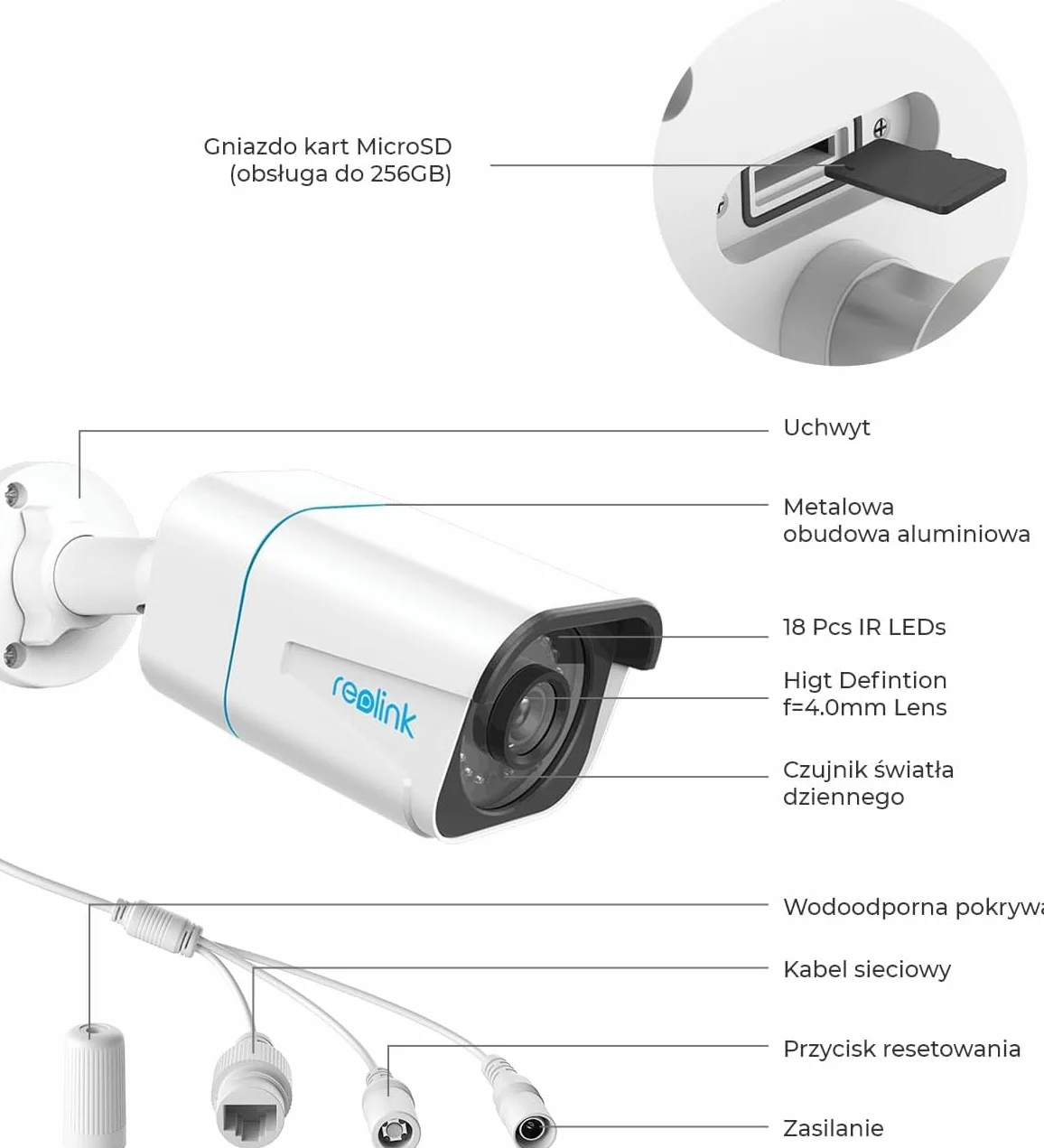 Reolink Inteligentna Kamera Monitoringu 4K PoE z Detekcją Ludzi/Pojazdów, Zewnętrzna Kamera CCTV IP z Inteligentnymi Alertami o Ruchu, Nagrywaniem Audio, Slotem Karty microSD RLC-810A