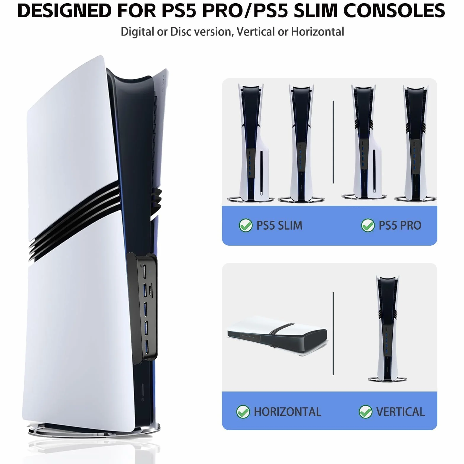 Hub 6 portów USB do konsoli PS5 Pro/Slim, High-Speed Expander Hub z 4 portami USB-A 2.0 + 1 port ładowania USB + 1 złącze typu C, kompatybilny z gniazdami przednimi PlayStation 5 Pro/Slim