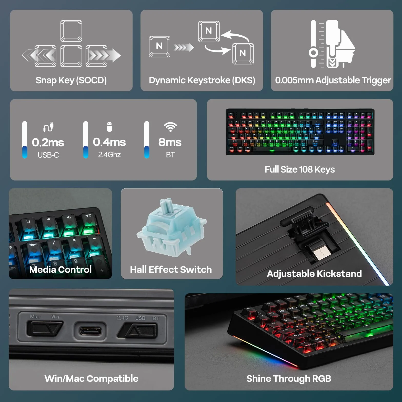 EPOMAKER HE108 Bezprzewodowa klawiatura do gier, zapytania 8K i 10000 mAh, SOCD i DKS, duża klawiatura magnetyczna Halla z szybkim zwalnianiem, niestandardowy sterownik, RGB, PBT, QWERTY (czarna)