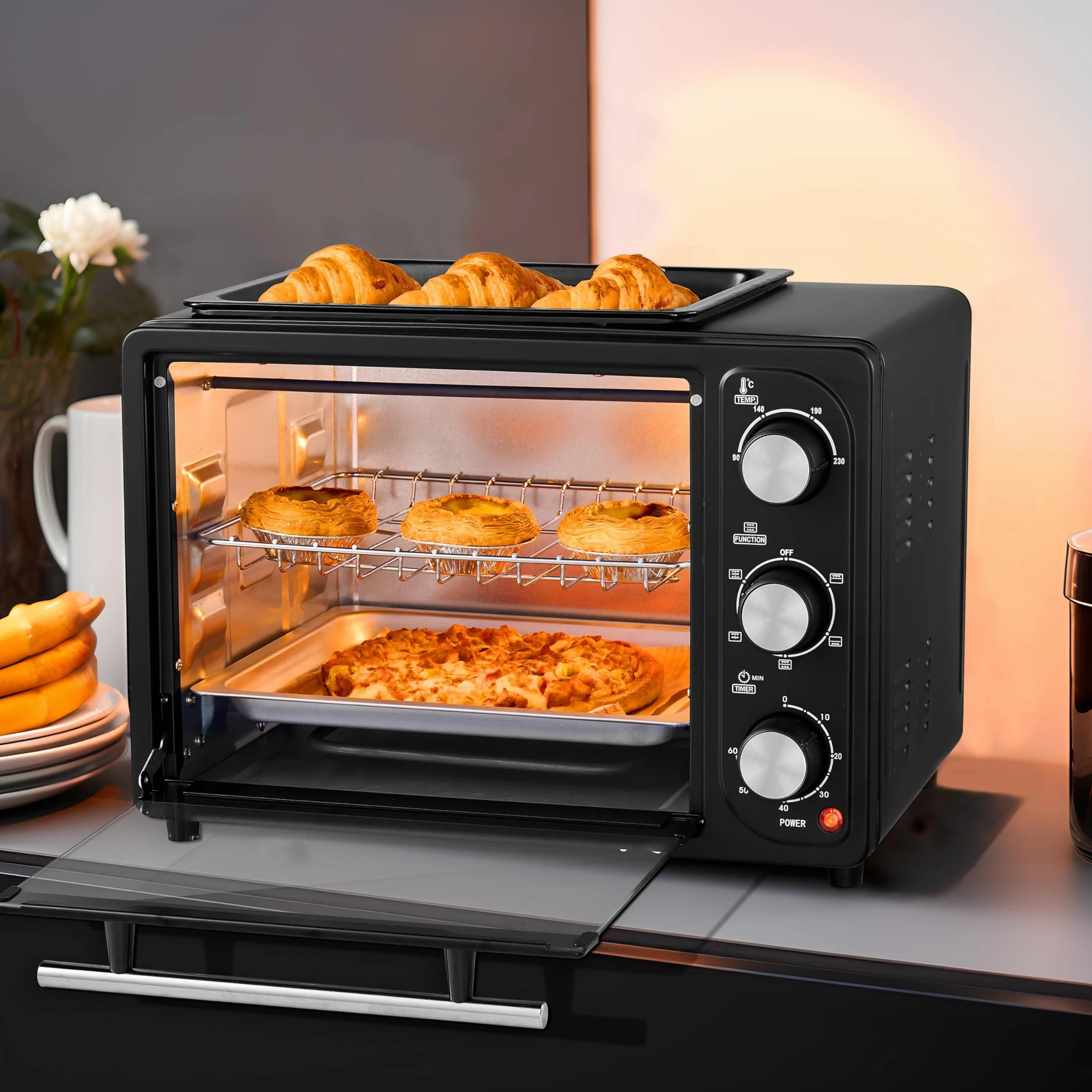 Mini piekarnik 3 w 1, 20 l, z konwekcją, z płytą utrzymującą ciepło, 2 blachy do pieczenia + ruszt do grillowania, mini piekarnik do pizzy, możliwość przełączania obiegu, zdejmowana płyta grillowa, 60