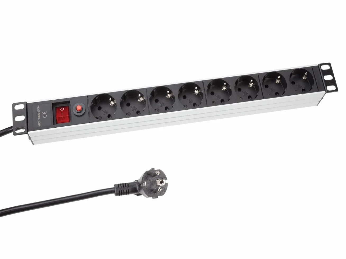 Perel Listwa zasilająca PDU z 8 gniazdami Schuko typu F z wyłącznikiem i zabezpieczeniem przeciwprzepięciowym, kabel H05VV-F 3G1.5 2,15 m, 3680 W dystrybutor zasilania do szafy 19" i biura