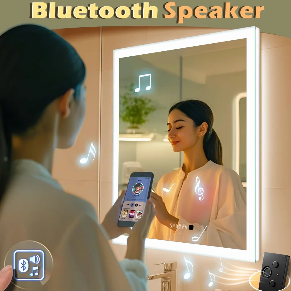 GANPE Lustro łazienkowe LED, do montażu na ścianie, indukcja człowieka, Bluetooth, ochrona przed zaparowaniem, wodoszczelność IP44, pionowe i poziome (50 x 70 cm)