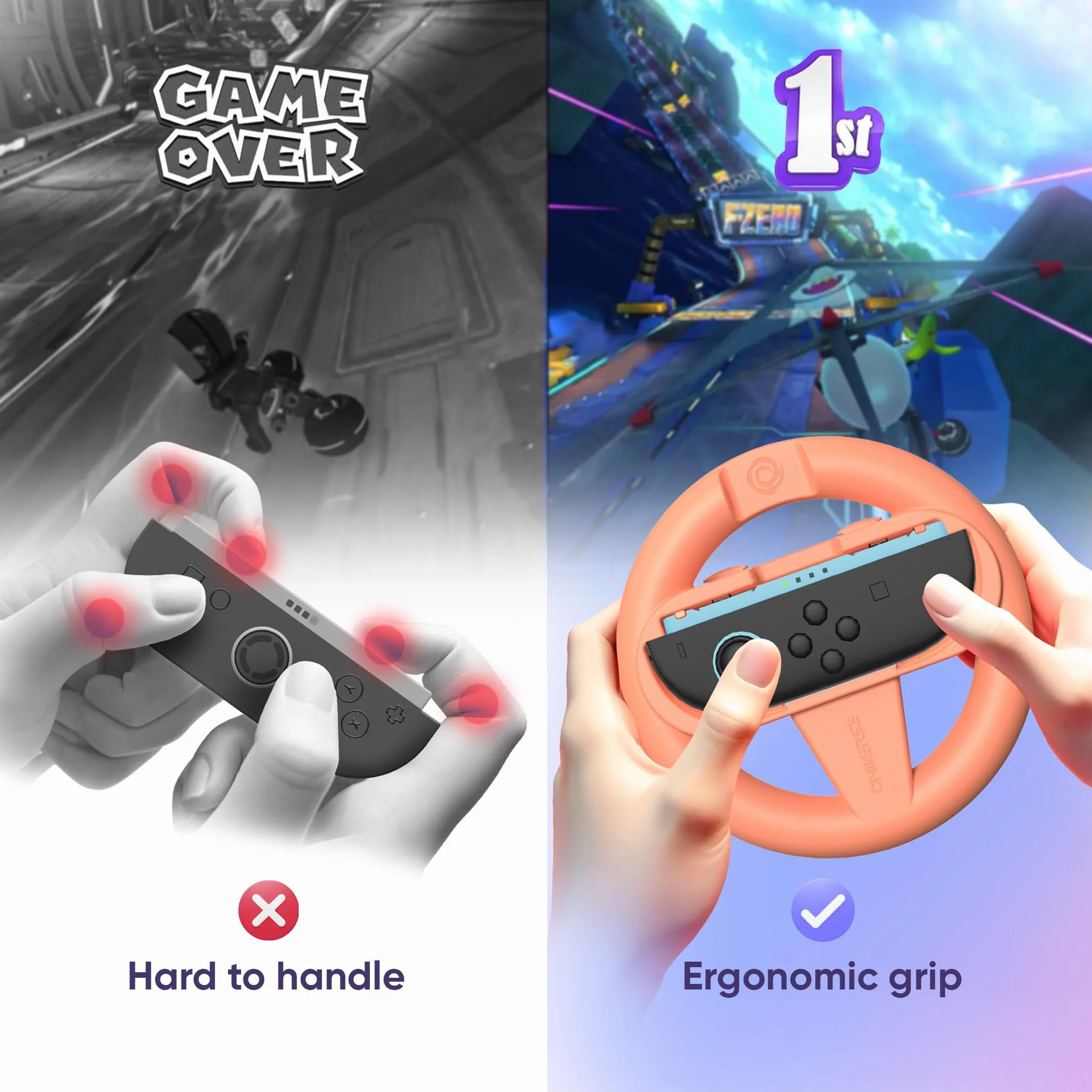 Oniverse Zestaw 2 Kierownic do Konsoli Nintendo Switch 2 – Akcesoria do Switch 2 do Mario Kart, Uchwyt Kierownicy Pomarańczowy i Niebieski, Intuicyjny, Dostępne przyciski SL/SR – Dla Joy-Con