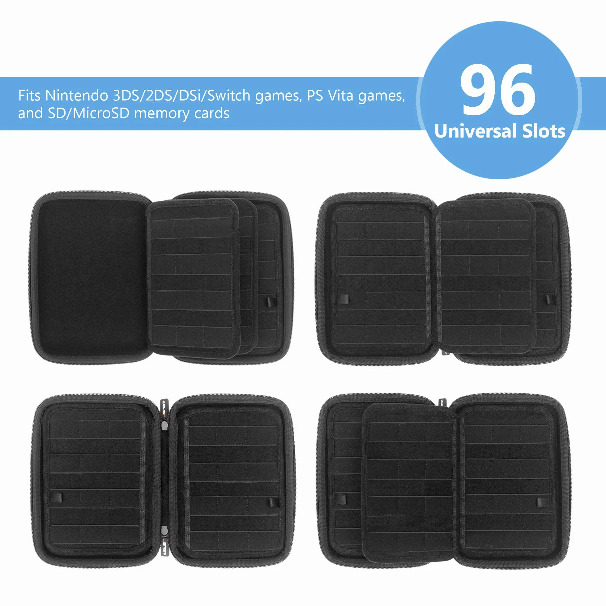 JSVER Twarde etui do Nintendo 3DS 96 gier, etui na karty do Nintendo 3DS XL 2DS XL DS Switch Game Cartridges PS Vita Games i SD/MicroSD - czarne, czarny, utylitarian