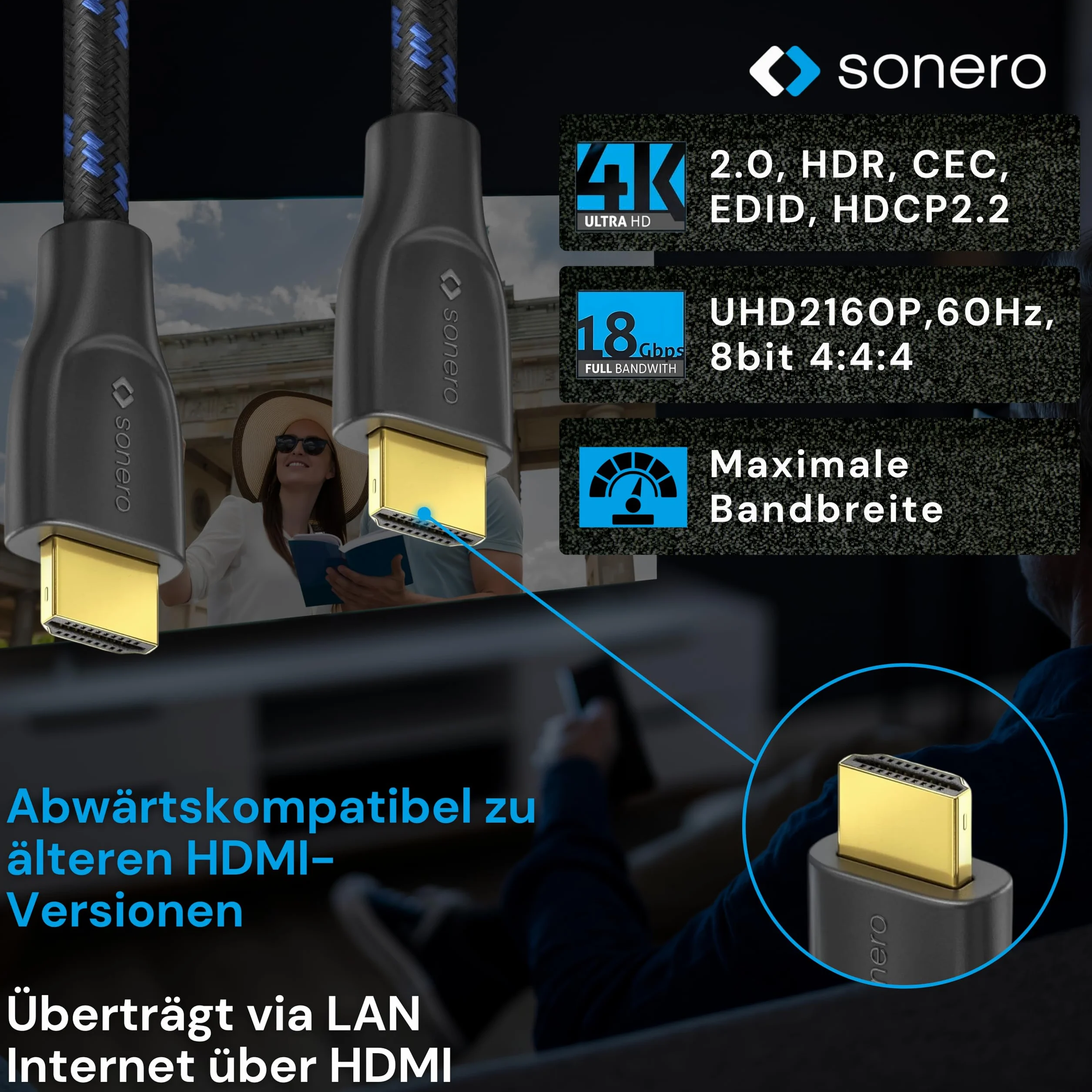 sonero PHC011-030 Premium certyfikowany kabel High Speed HDMI z Ethernetem z oplotem nylonowym, pozłacane złącza (4K UltraHD, 3D Full HD, 18 Gbps Full Bandwith, HDR High Dynamic Range), 3,0 m
