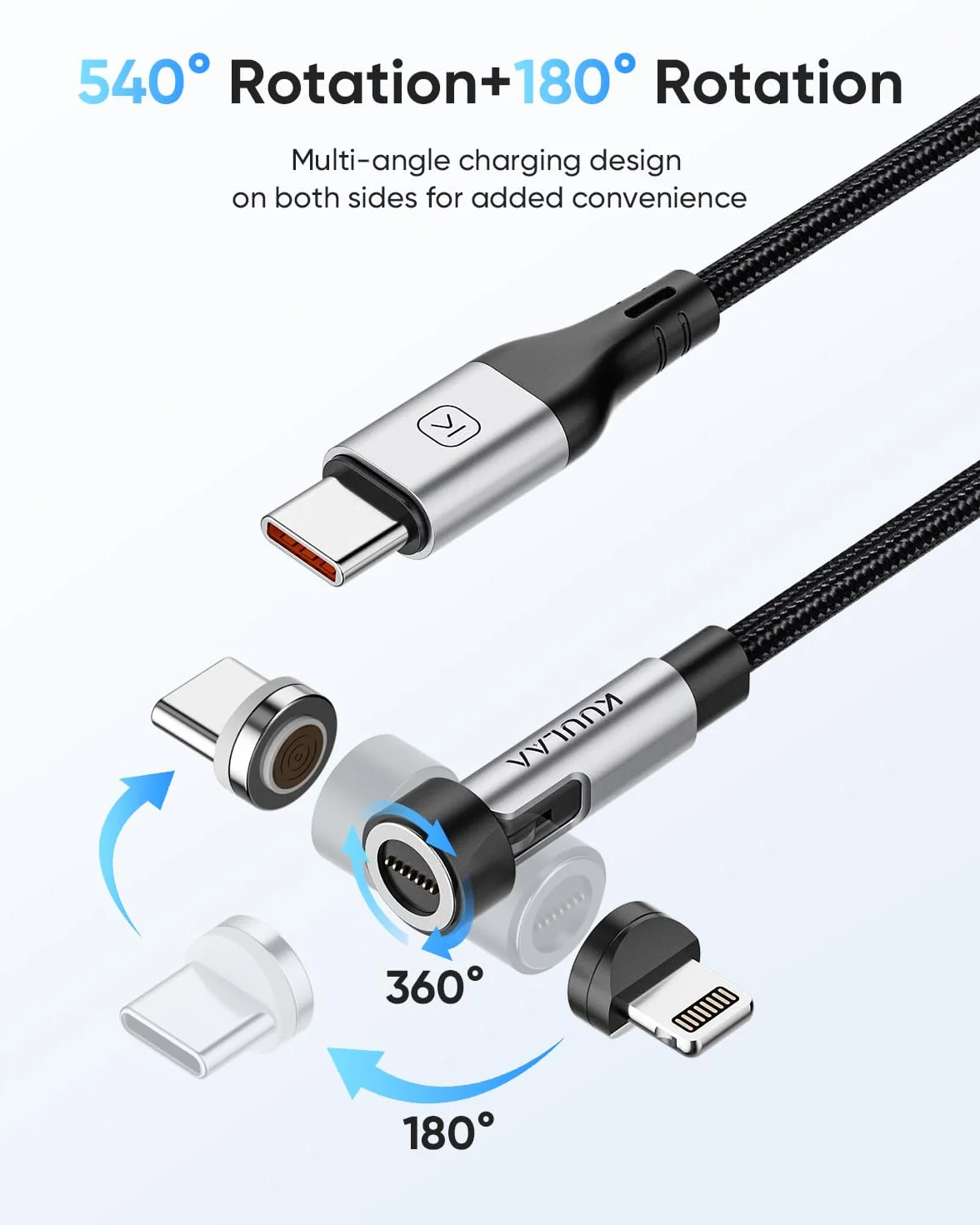 Kuulaa Magnetyczny kabel do ładowania USB-C 2 w 1, 240 W, szybkie ładowanie, 360° i 180°, kompatybilny z typami C/iProducts/Huawei
