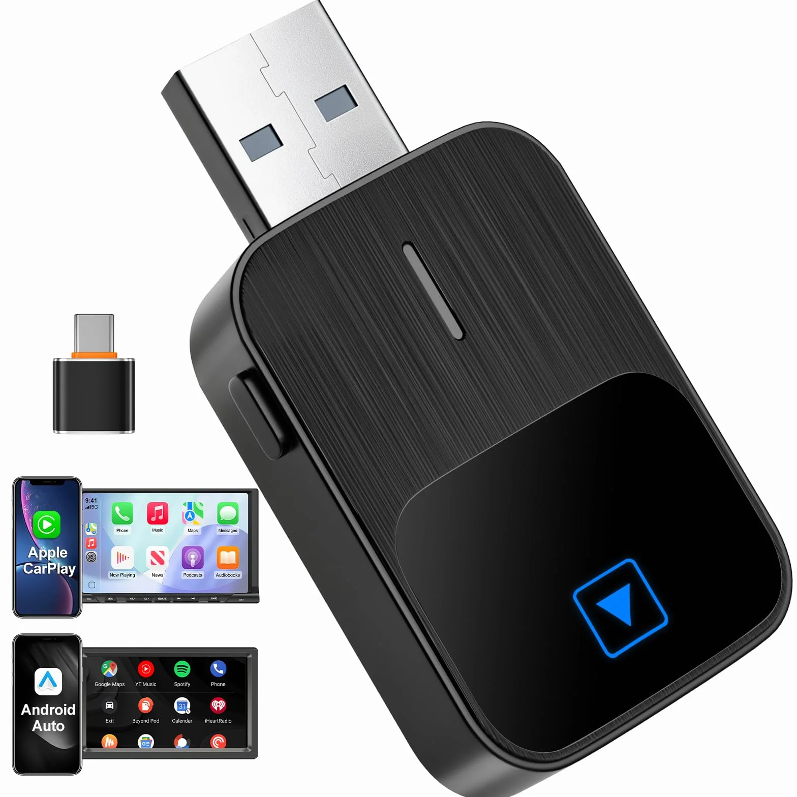 Mineup Adapter bezprzewodowy CarPlay, bezprzewodowy adapter Android Auto & Carplay, adapter bezprzewodowy 2 w 1, Plug and Play, kompatybilny z iOS 10+ i Android 11+, stabilne połączenie