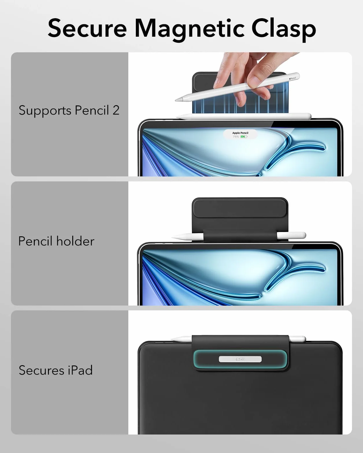 ESR Magnetyczne etui na klawiaturę, iPad Air 6/5/4/iPad Pro 11, iPad Air 11" (M2 2024), swobodnie unoszący się stojak, sprężynowe przyciski, precyzyjny gładzik Multi-Touch, czarny