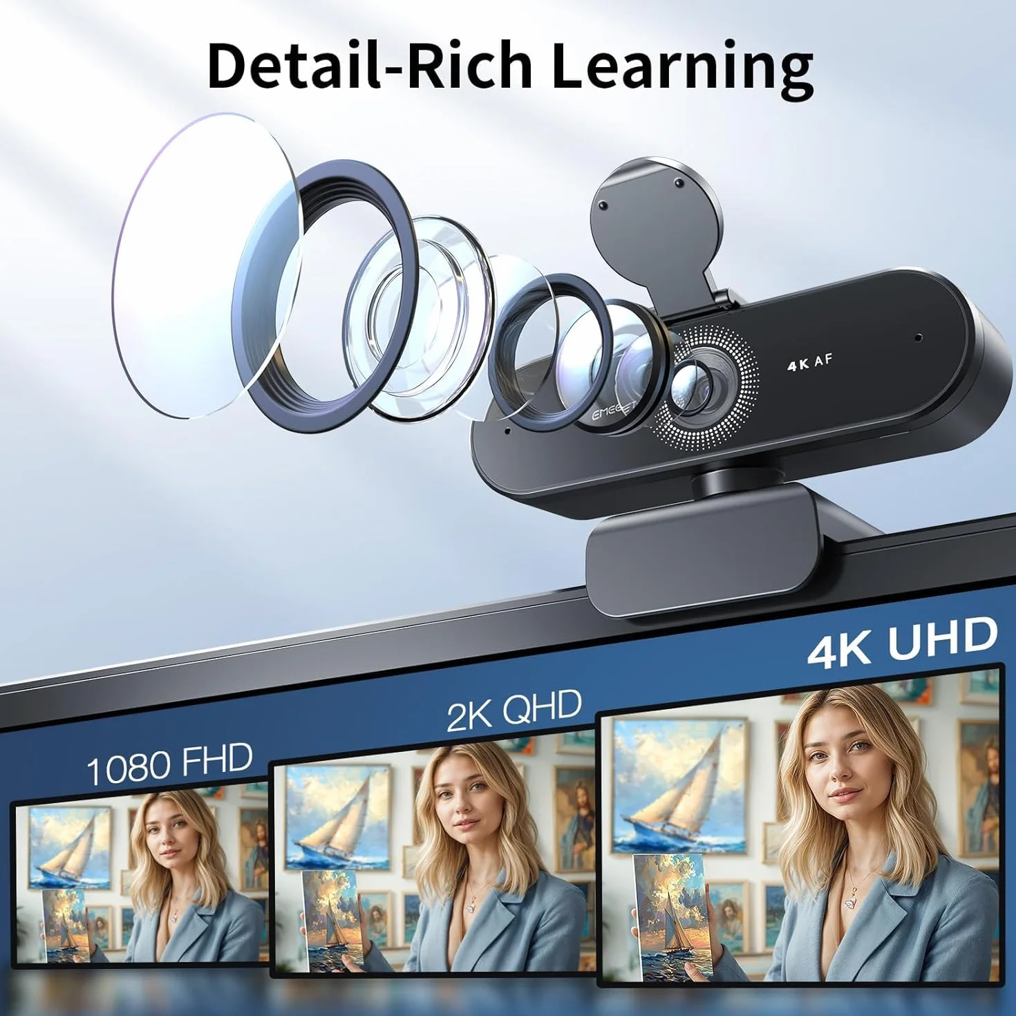 Kamera internetowa NOVA 4K, 4K kamera internetowa z 2 mikrofonami z redukcją szumów, kamera internetowa Ultra HD z szerokim kątem 73° i osłoną obiektywu, PDAF autofokus, kamera internetowa do