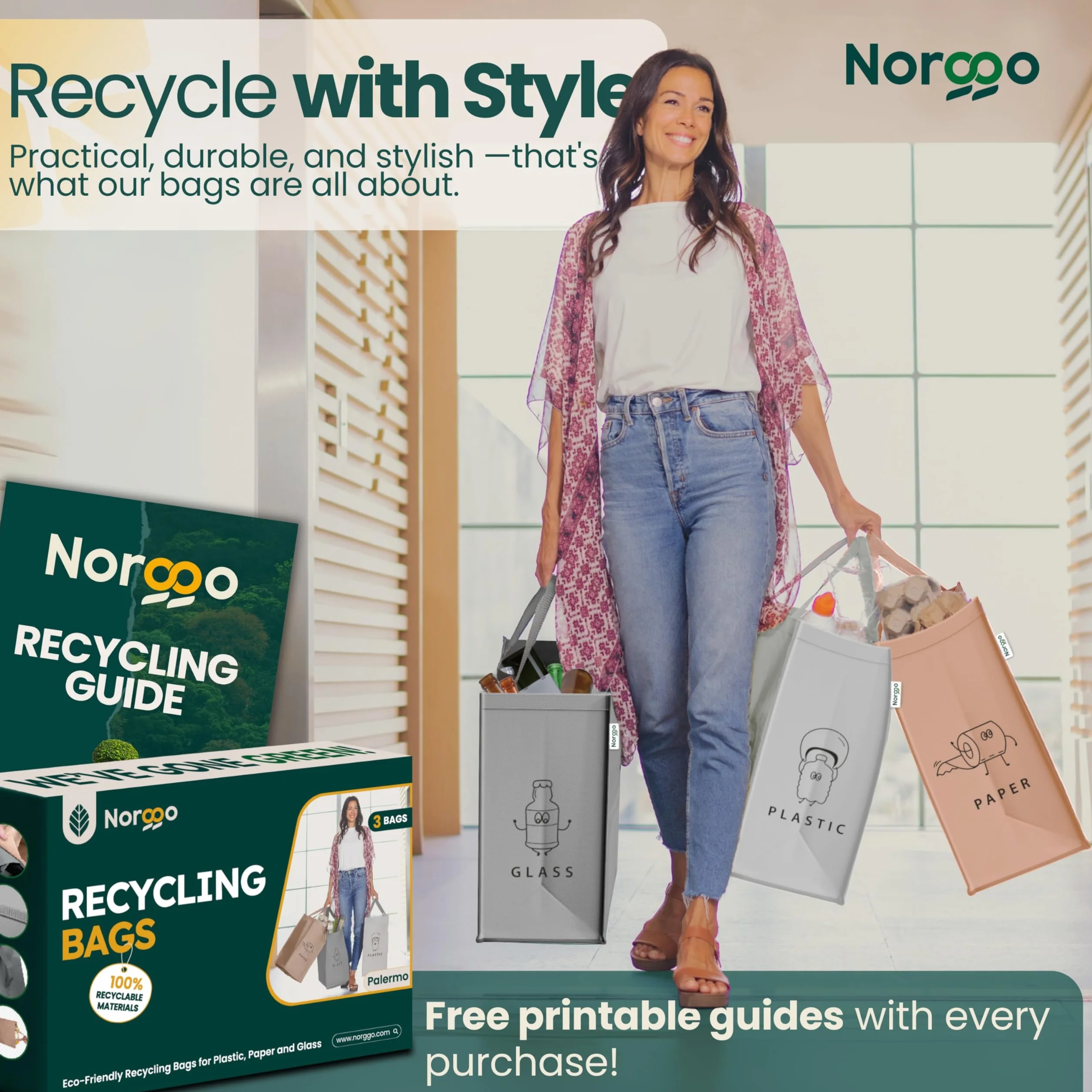 Kosze do segregacji odpadów – Zestaw 3 × 40L na plastik, papier i szkło – Trwały kosz recyklingu – Kolorowe torby recyklingu – Kosz do segregacji z 3 komorami