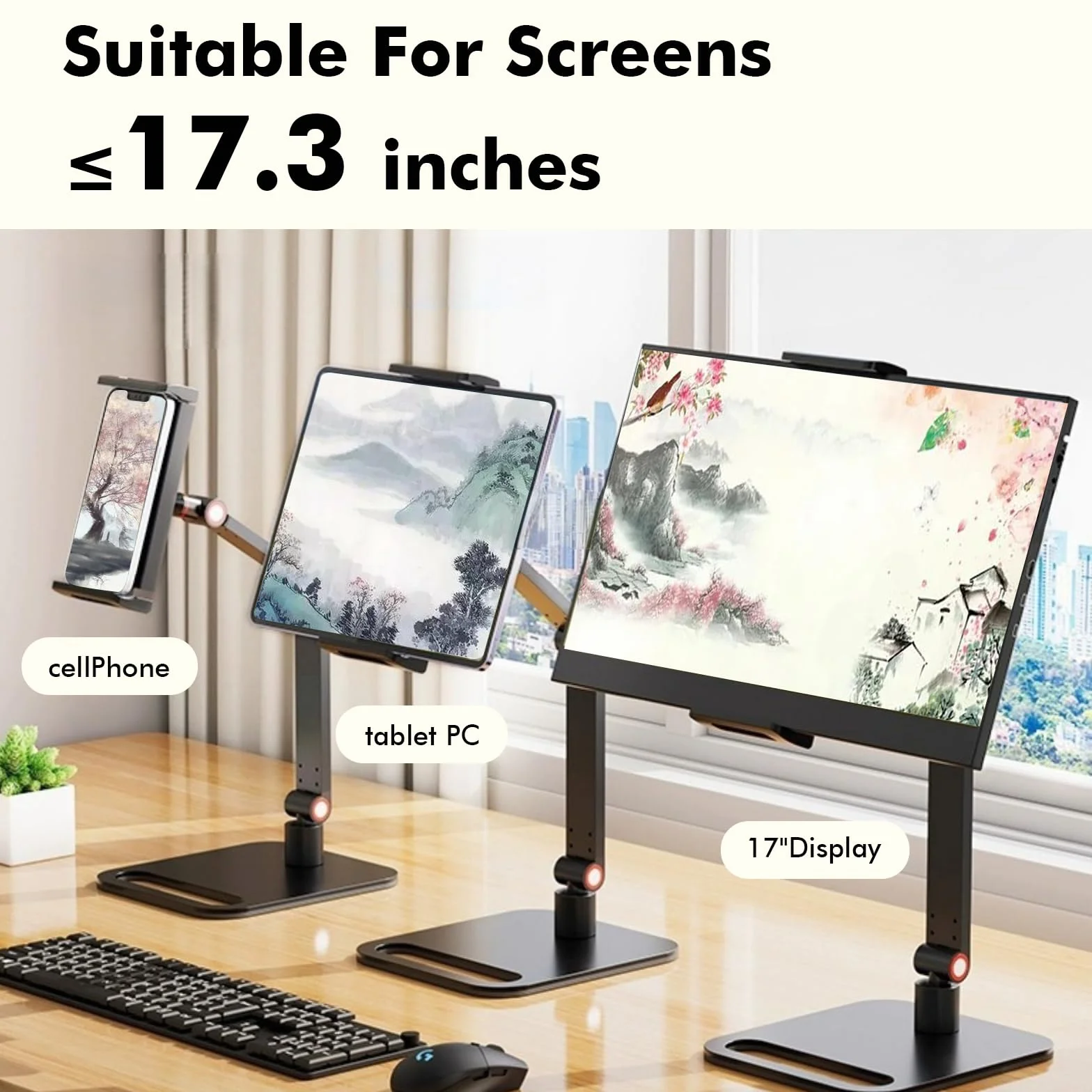 Leikurvo Uchwyt na monitora i tablet, uchwyt na ekran 6-17,3 cala, 360° regulowany stołowy uchwyt o regulowanej wysokości, przenośny uchwyt na tablet i telefon, obrotowy, składany, przechylany