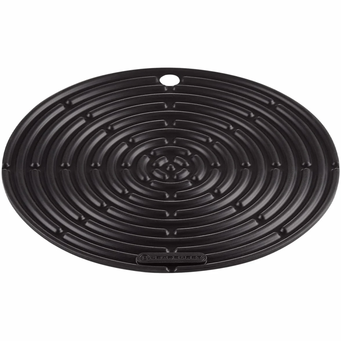 Le Creuset Ścierka do garnków / podstawka z silikonu z otworem do zawieszenia, klasyczna okrągła, średnica: 20 cm, silikon, Czarny Mat